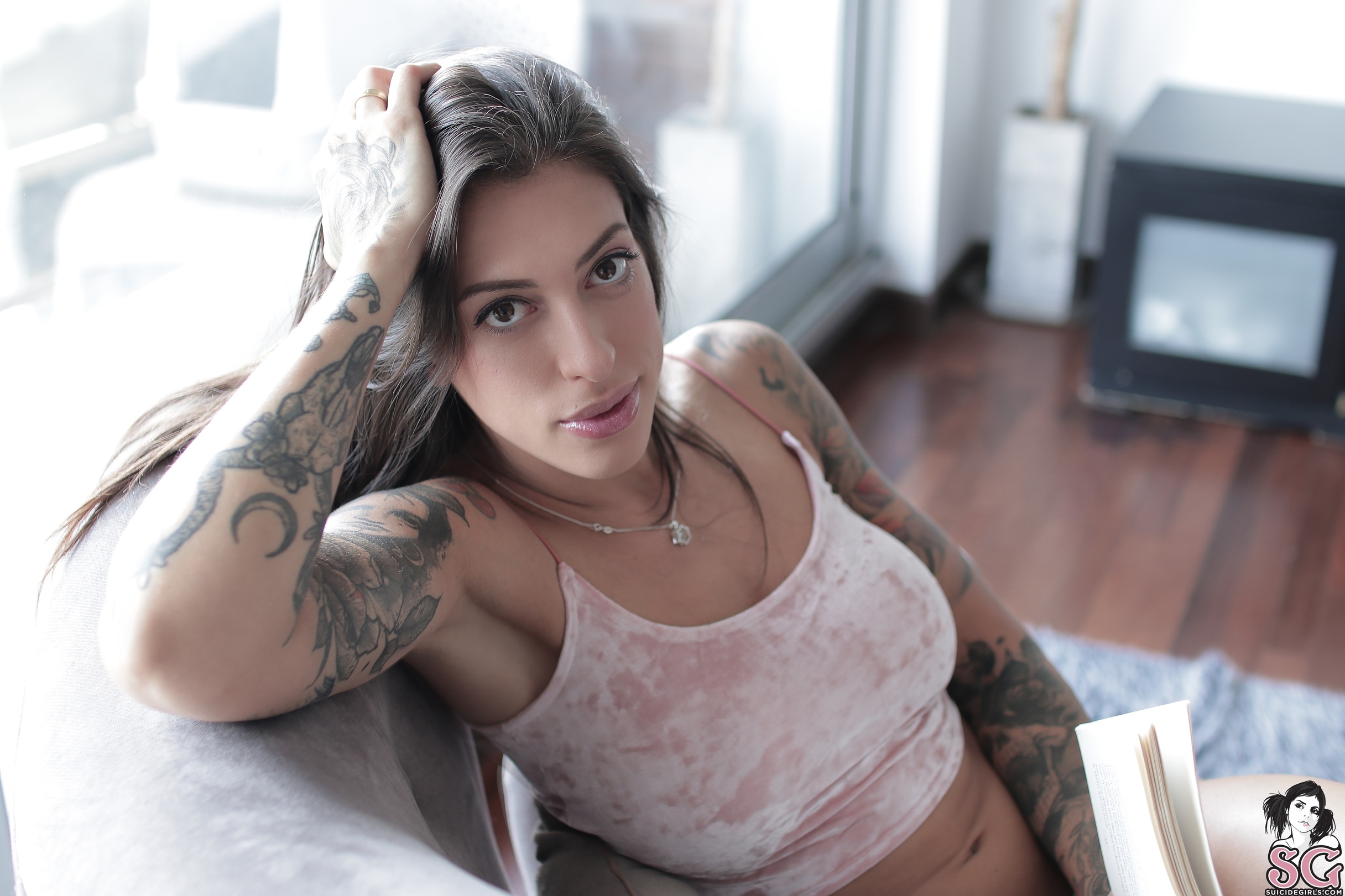 People 2432x1621 women brunette long hair Suicide Girls tattoo living rooms carpet chair blouses Evelynp SG