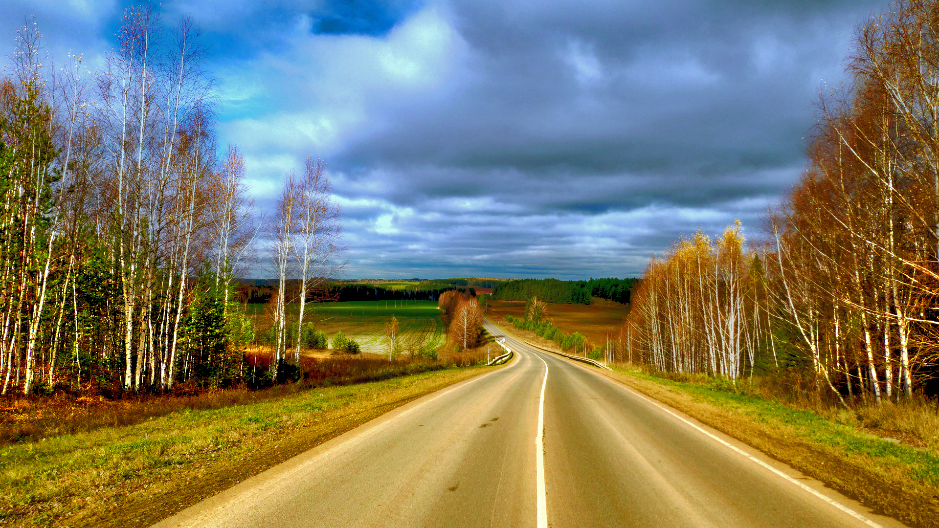 General 1920x1080 road sky trees clouds landscape fall HDR