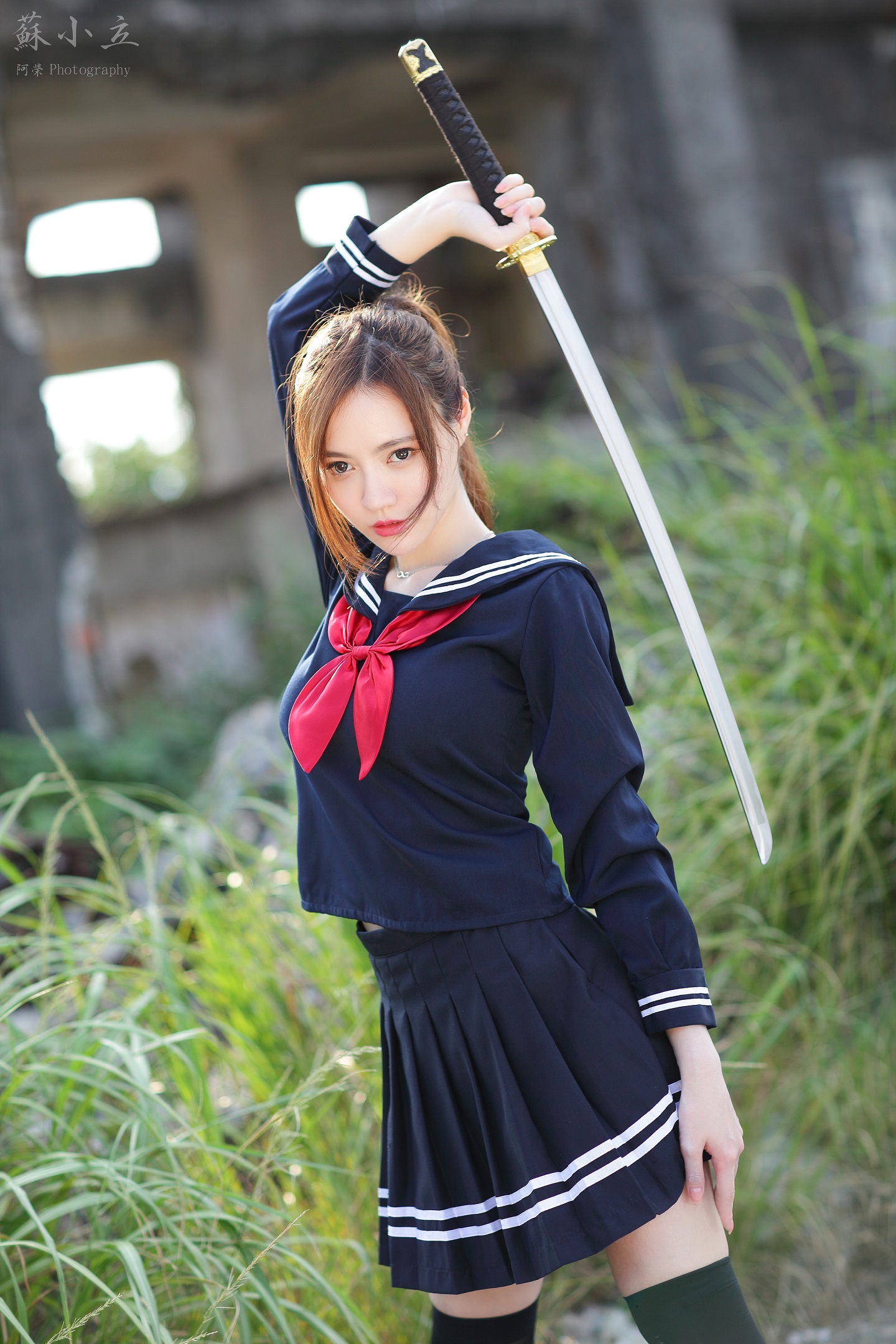 People 1440x2160 women model Asian portrait display brunette sailor uniform skirt stockings black stockings schoolgirl katana Chinese Su Xiaoli