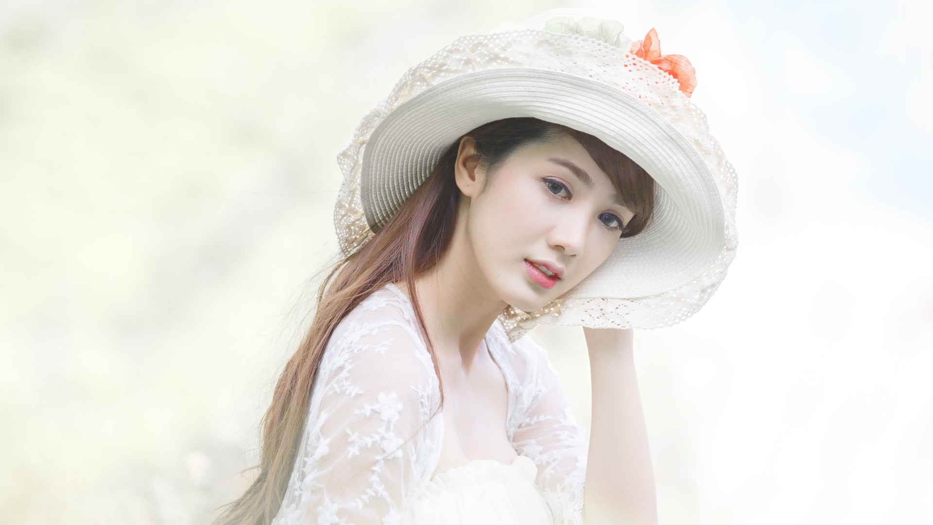 People 1920x1080 Asian photography model women long hair white background hat