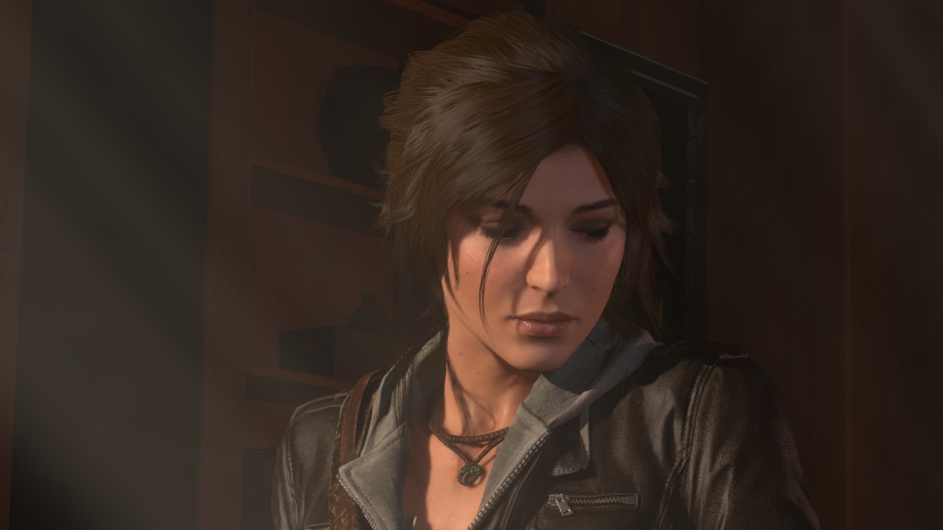 General 1920x1080 Rise of the Tomb Raider looking away black jackets brunette necklace brown eyes frontal view pink lipstick Lara Croft (Tomb Raider) screen shot video games PC gaming
