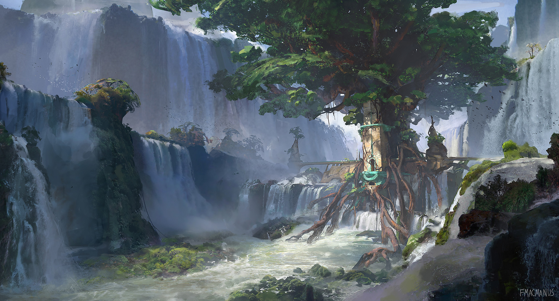 General 1800x971 digital art artwork fantasy art tree house trees waterfall Finnian MacManus 