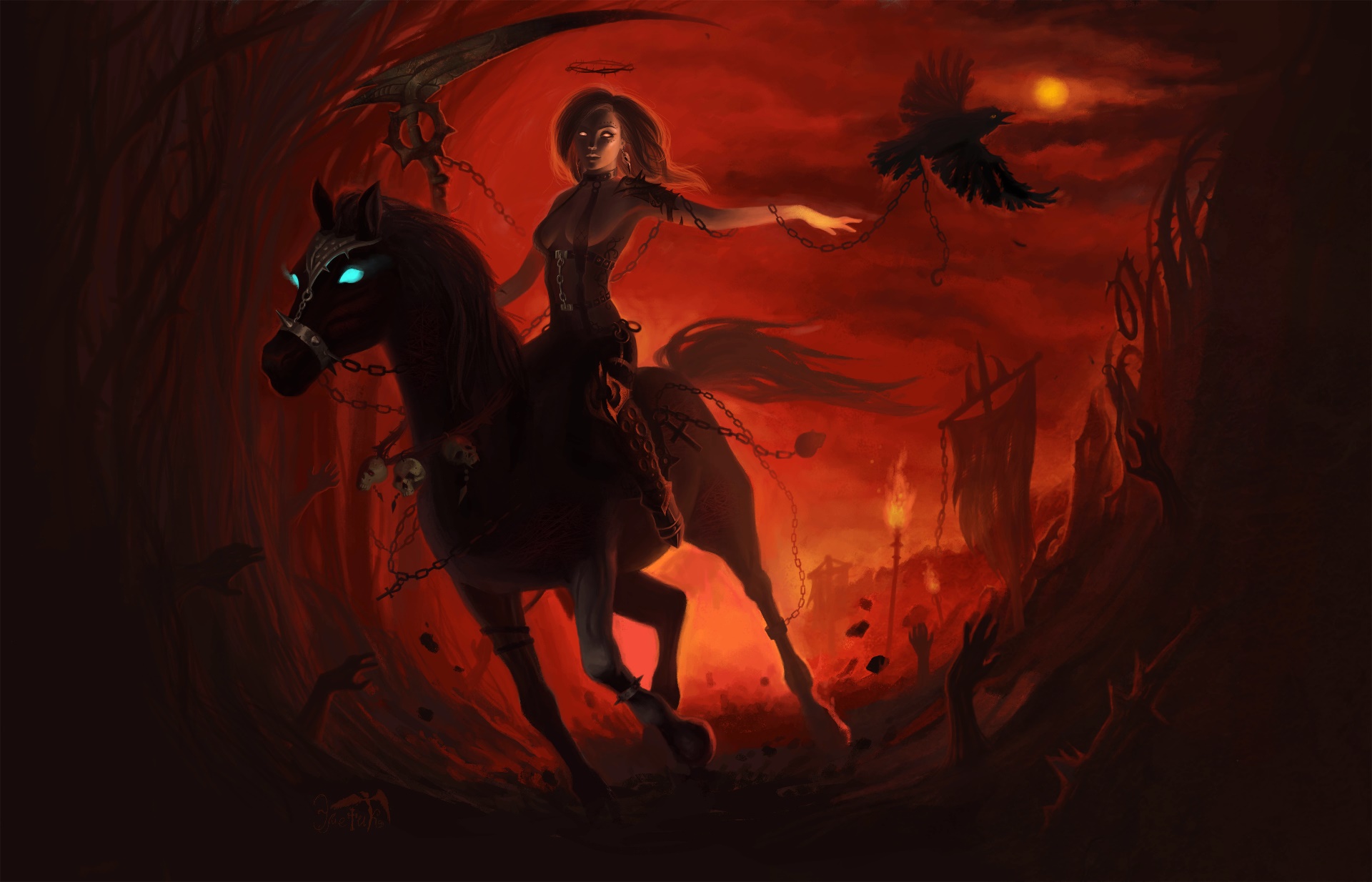 General 1920x1234 artwork dark red glowing eyes horse fantasy girl birds fantasy art