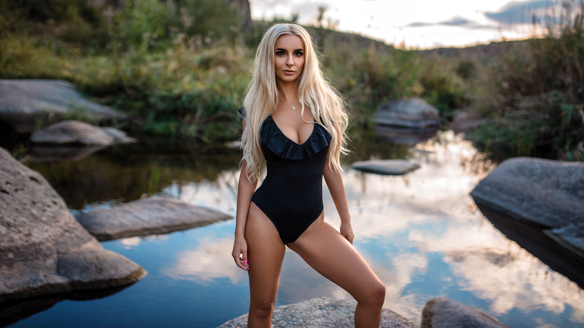 People 2000x1125 women blonde river women outdoors one-piece swimsuit Oksana