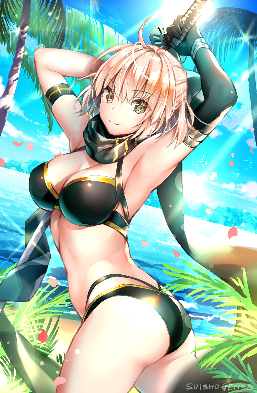 Anime 1000x1530 anime anime girls digital art artwork portrait display 2D Suishougensou Fate/Grand Order Fate series Okita Souji beach sword scarf blonde bikini ass cleavage big boobs palm trees arms up looking back petals looking at viewer sky