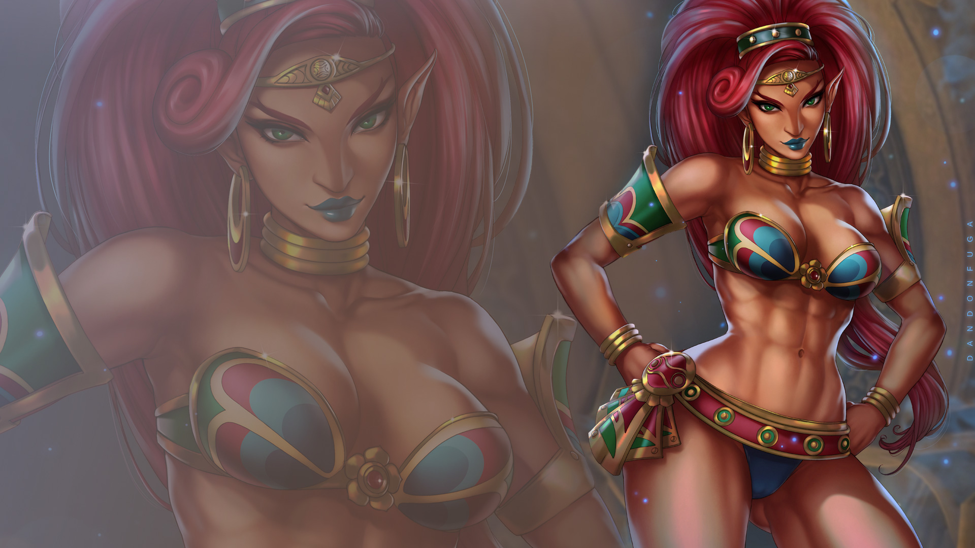 General 1920x1080 Dandonfuga Urbosa The Legend of Zelda: Breath of the Wild The Legend of Zelda green eyes video game characters pointy ears skimpy clothes big boobs belly abs belly button looking at viewer earring hoop earrings digital art