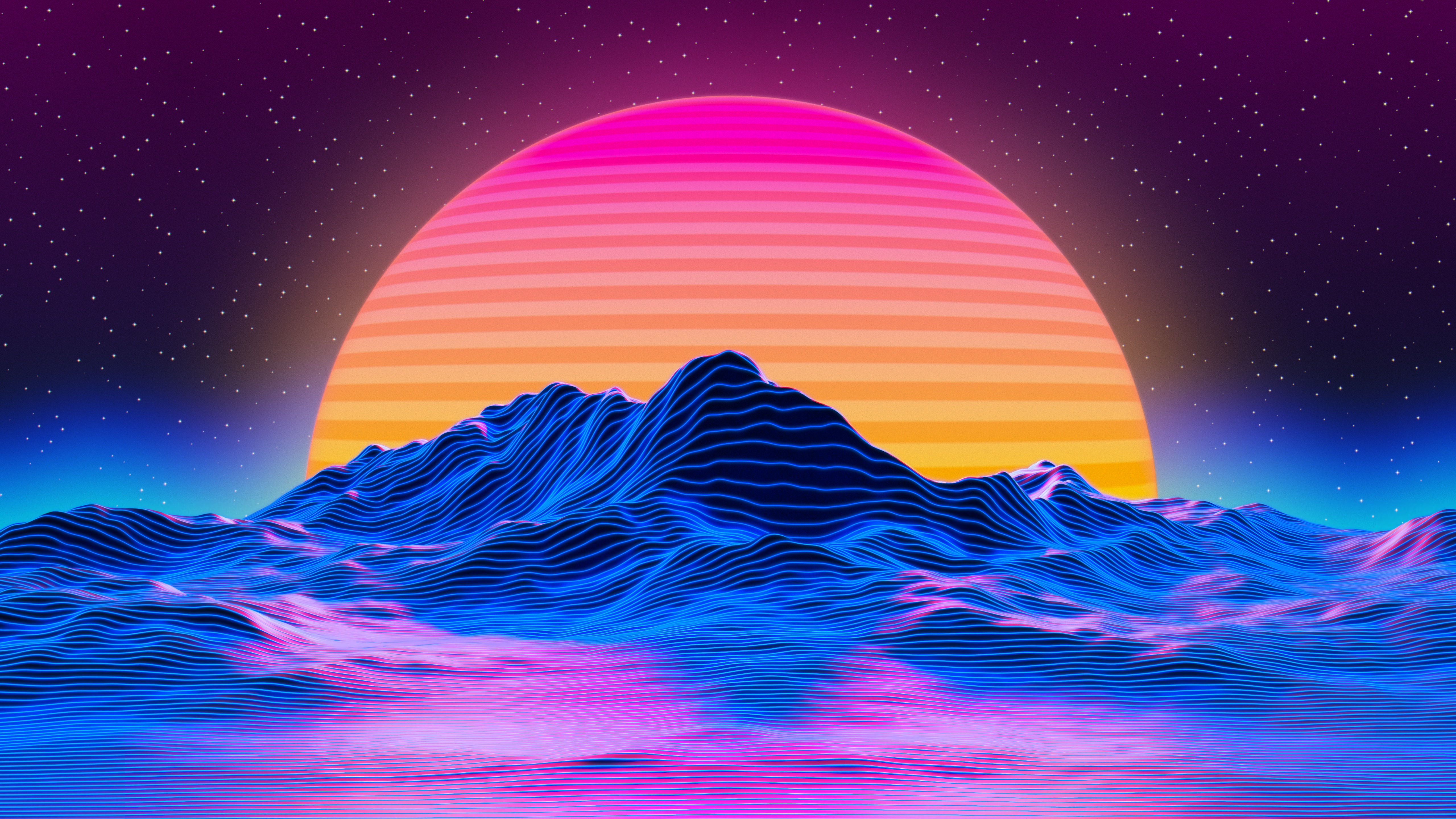 General 5120x2880 digital art artwork illustration lines sun rays sunset nature landscape glowing colorful 1980s synthwave