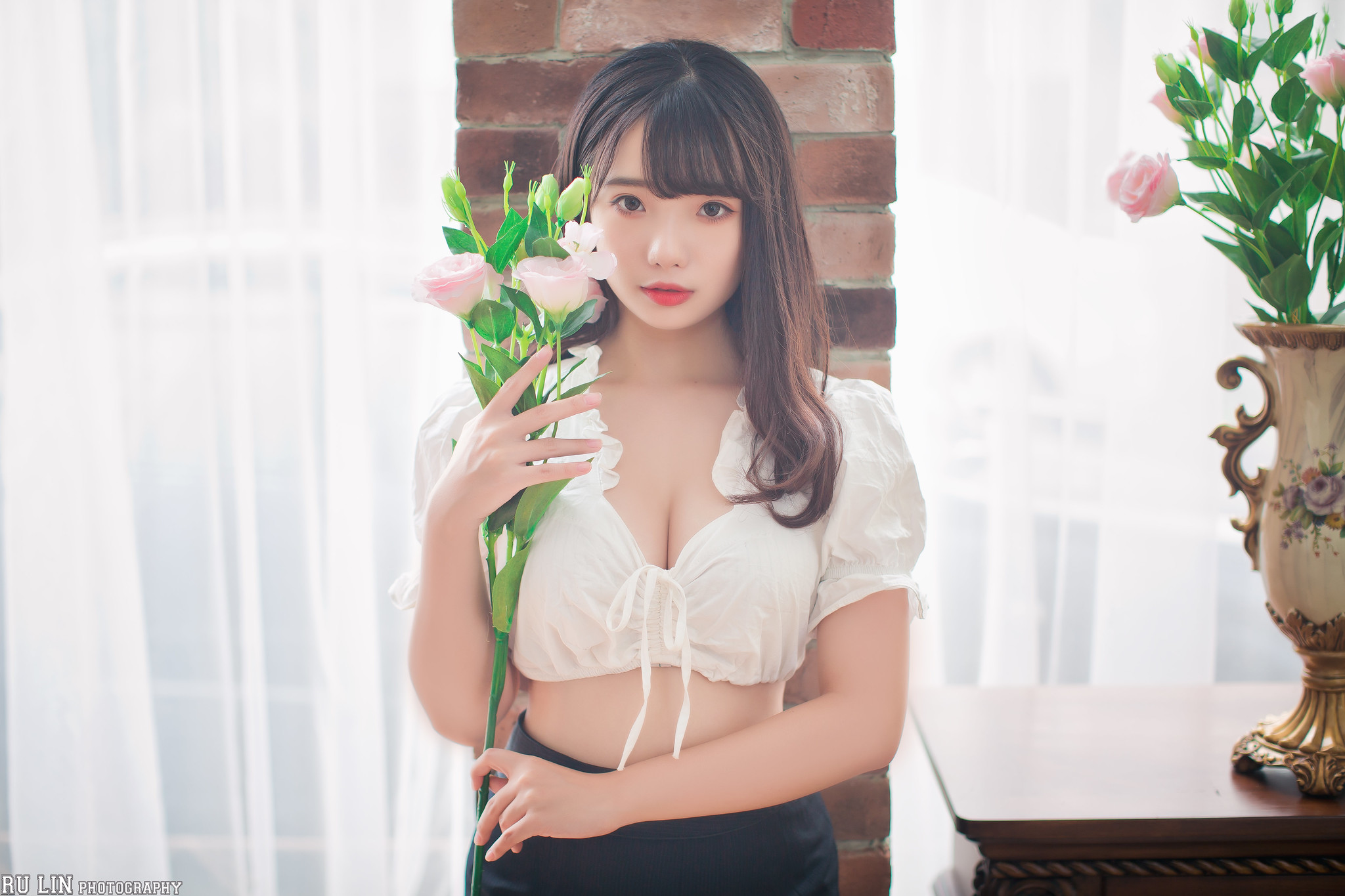 People 2048x1365 Ning Shioulin women model Asian portrait display looking at viewer red lipstick white tops cleavage flowers curtains indoors women indoors