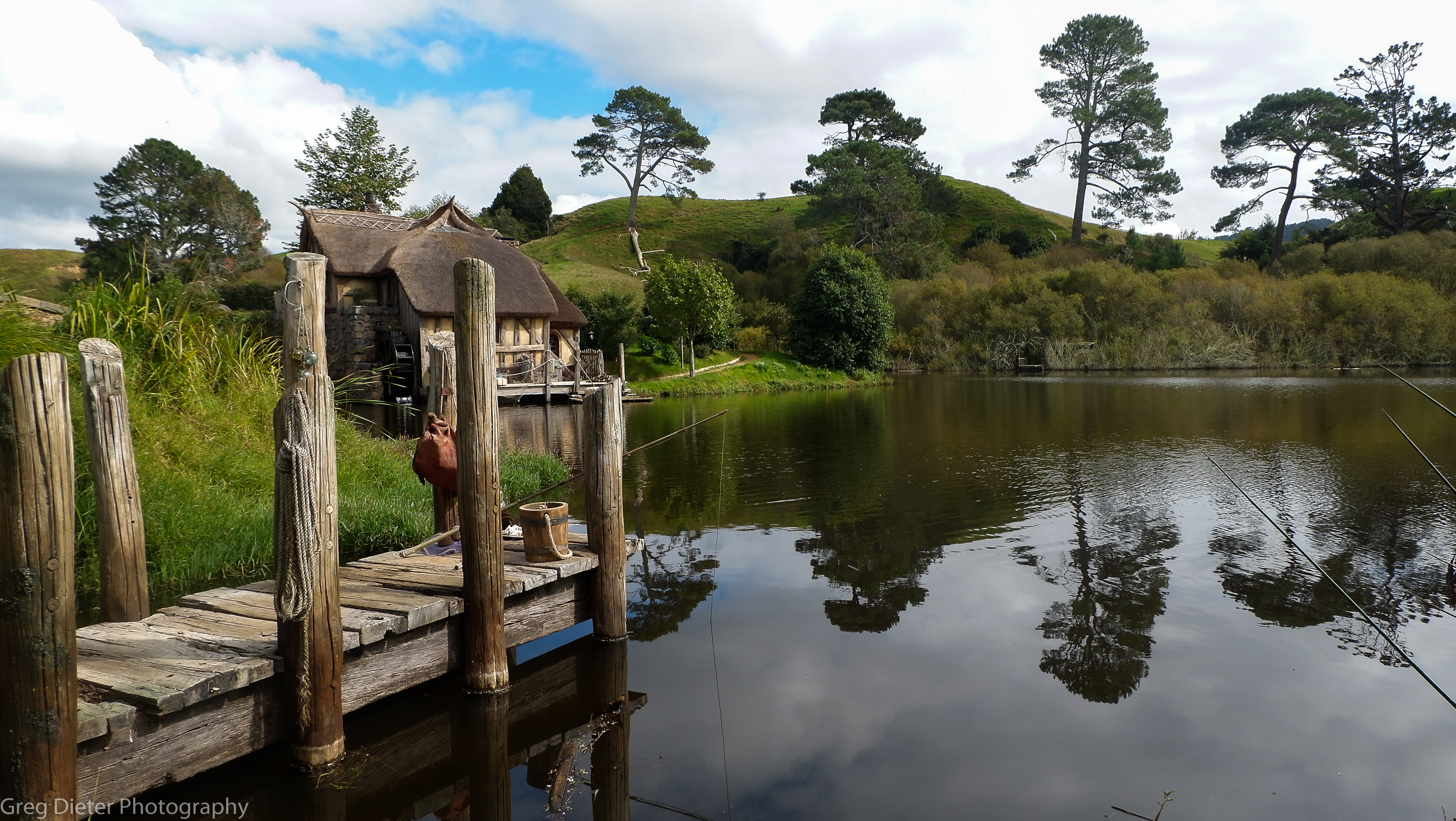 General 4694x2646 nature landscape New Zealand Hobbiton The Lord of the Rings lake pier fishing calm green