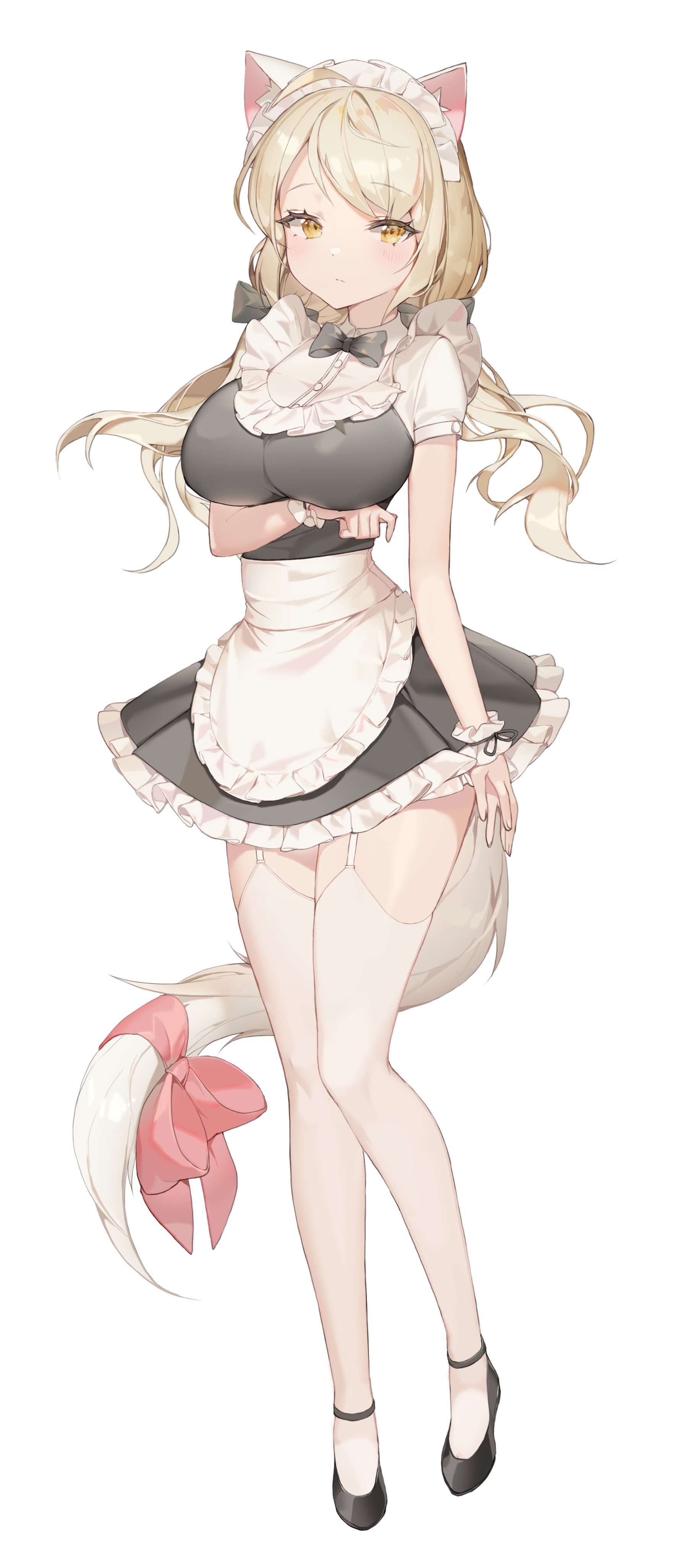 Anime 1762x4096 anime girls anime digital art portrait display big boobs maid outfit thigh-highs garter straps animal ears tail yellow eyes Chyo simple background 2D white background blonde holding boobs fox girl looking at viewer standing wrist cuffs fox tail fox ears minimalism stockings white stockings frills short sleeves