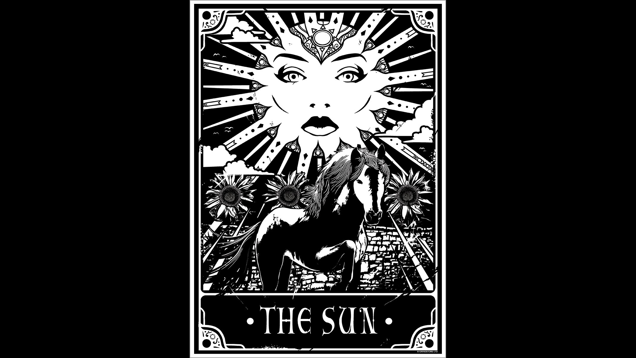 General 2133x1200 monochrome simple background occultism tarot Sun face horse text sunflowers