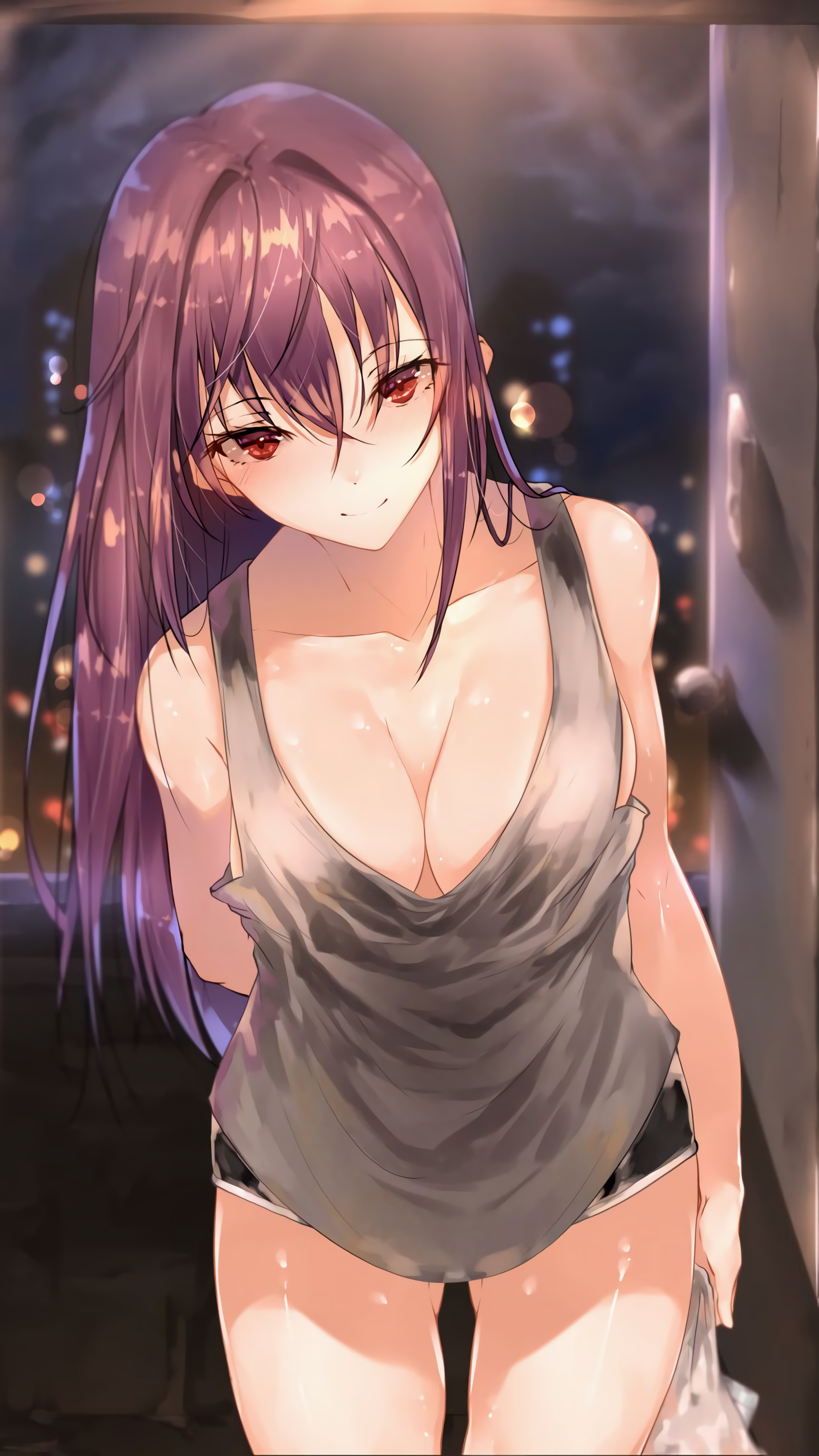 Anime 2250x4000 long hair anime girls Scathach anime Fate series hplay smiling purple hair red eyes short shorts tank top no bra cleavage Fate/Grand Order