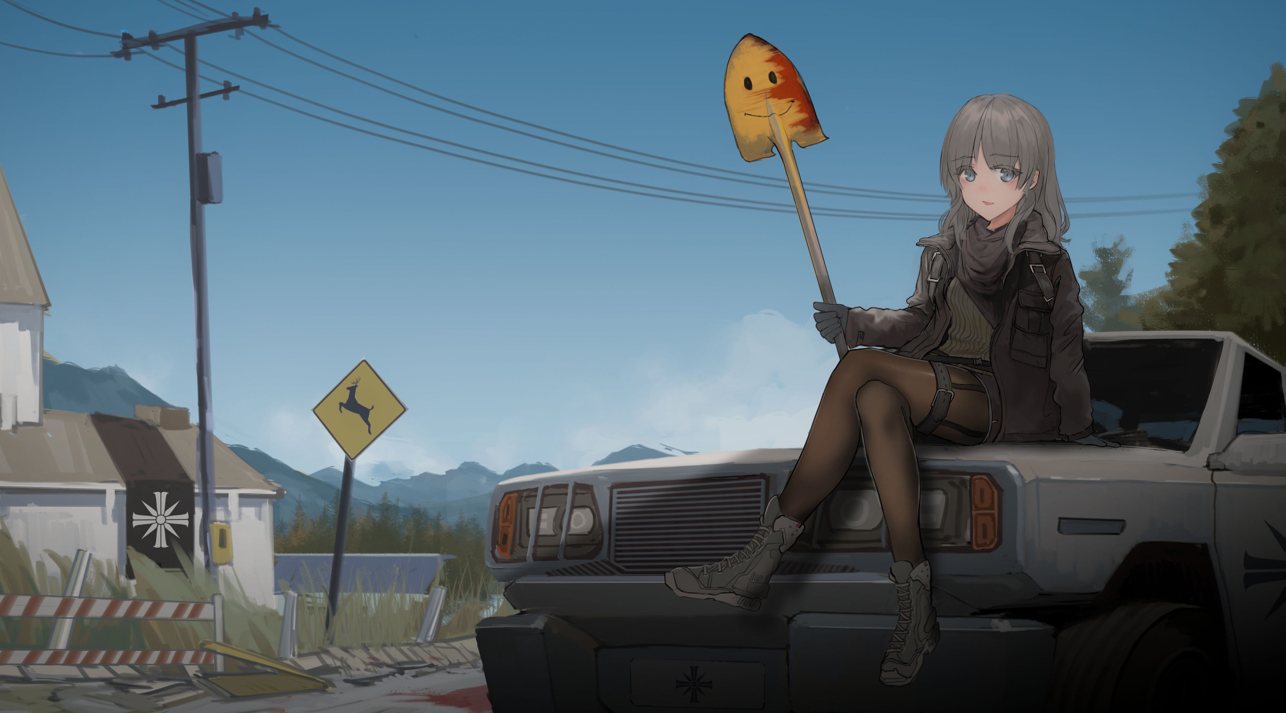 Anime 4096x2270 anime anime girls AegisFate Far Cry 5 shovels smiling car vehicle sign legs crossed