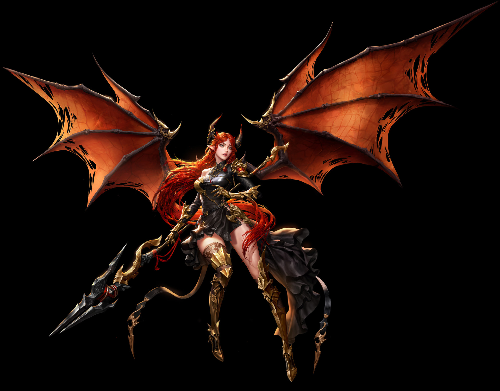 General 1920x1503 Jungmin Jin drawing women wings warrior weapon tail redhead long hair flying simple background black background