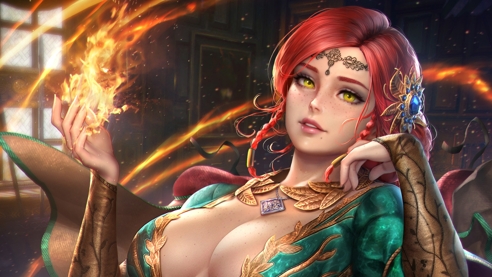 General 1920x1080 Espada fire boobs The Witcher 3: Wild Hunt Triss Merigold NeoArtCorE (artist) fantasy girl digital art