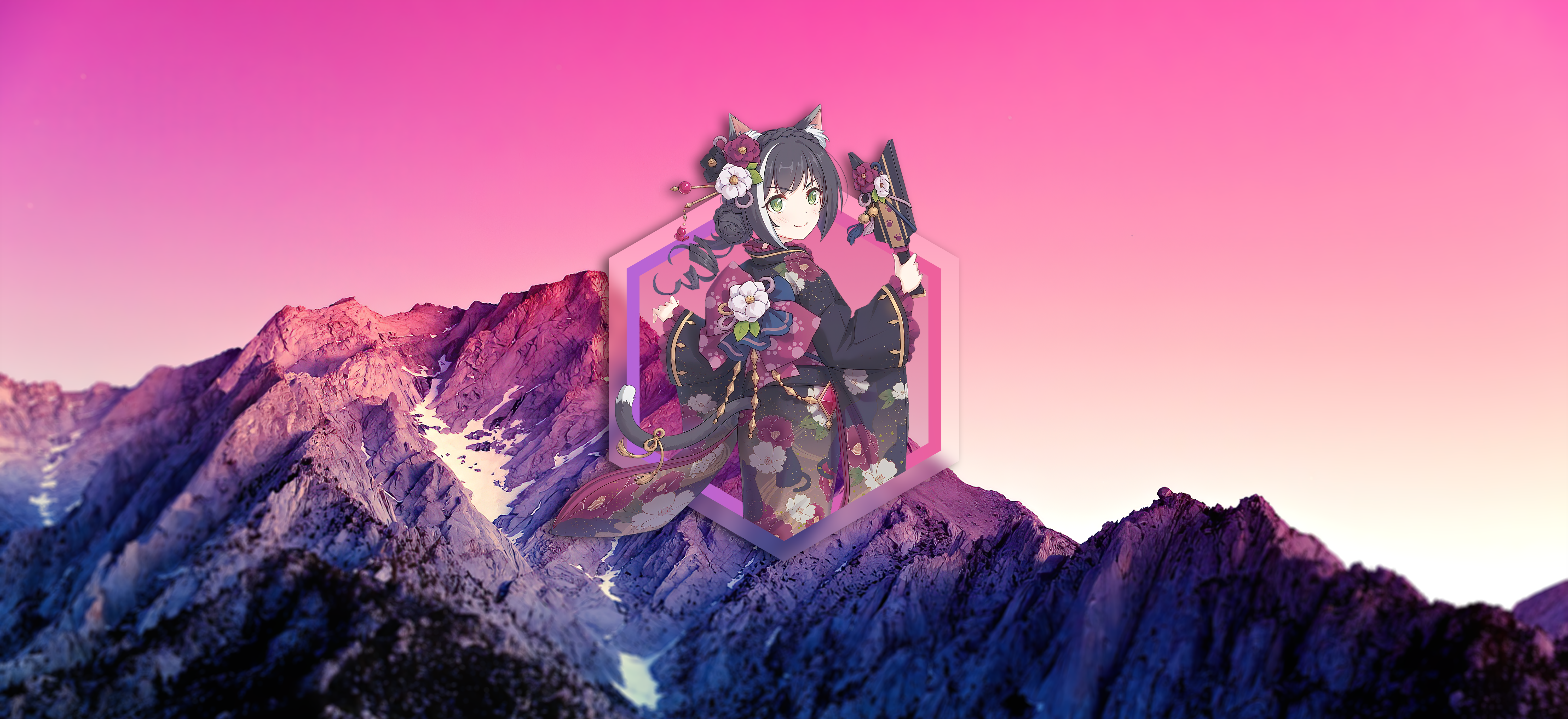Anime 6000x2750 picture-in-picture mountain top sunlight sunset Kyaru (Princess Connect) mountains sky purple Princess Connect Re:Dive
