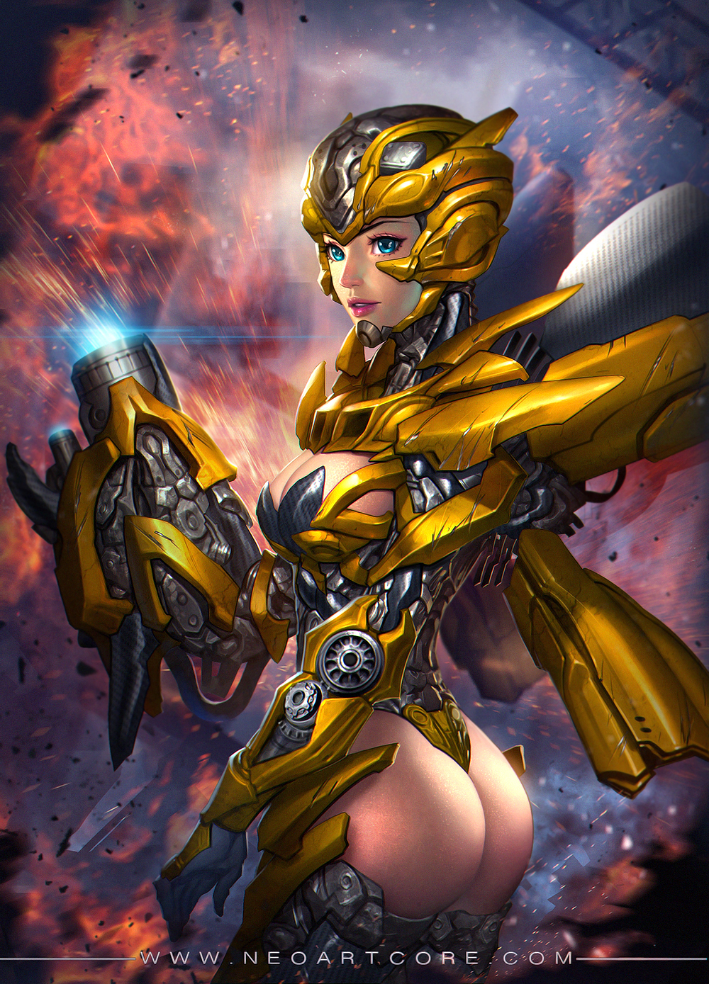General 1000x1389 NeoArtCorE (artist) drawing Transformers women genderswap Bumblebee (Transformers) robot ass weapon gun blue eyes
