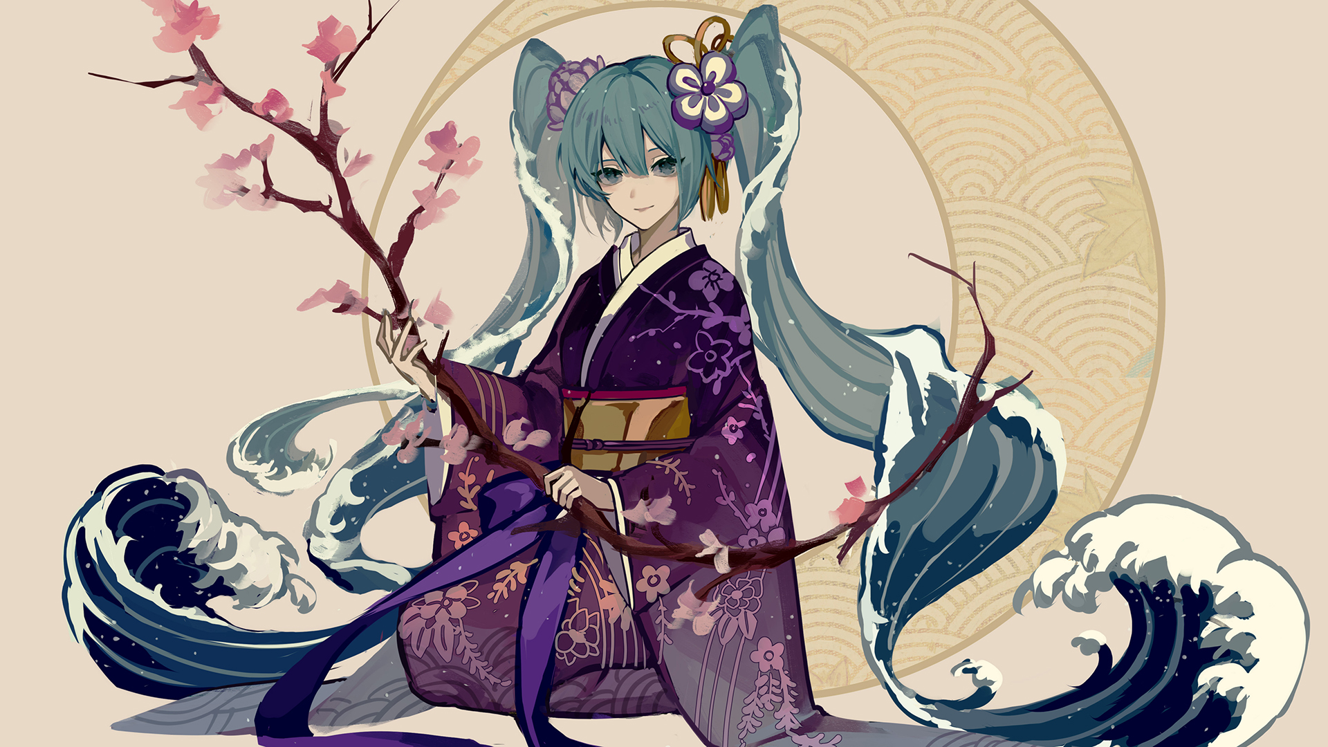 Anime 1920x1080 cherry blossom Japanese clothes long hair Hatsune Miku water flowers kimono twintails Vocaloid anime