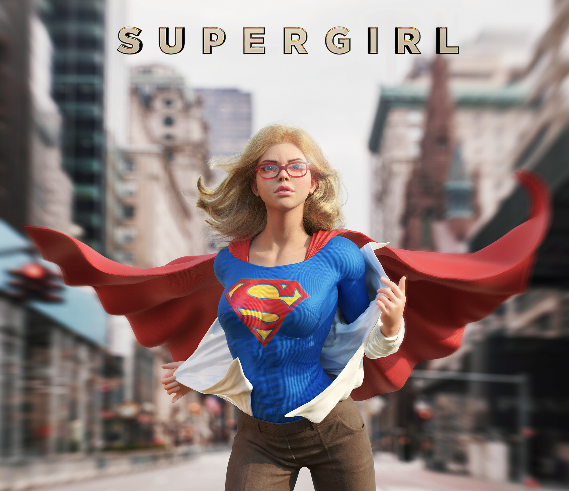 General 1920x1657 Supergirl artwork ArtStation superheroines blonde women with glasses cape digital art