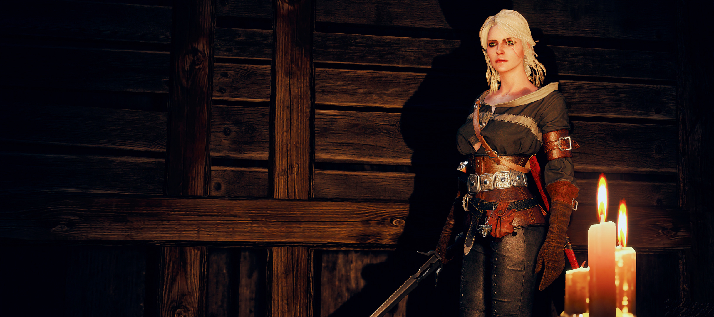General 2430x1080 candles The Witcher Cirilla Fiona Elen Riannon CD Projekt RED screen shot blonde green eyes The Witcher 3: Wild Hunt video game characters