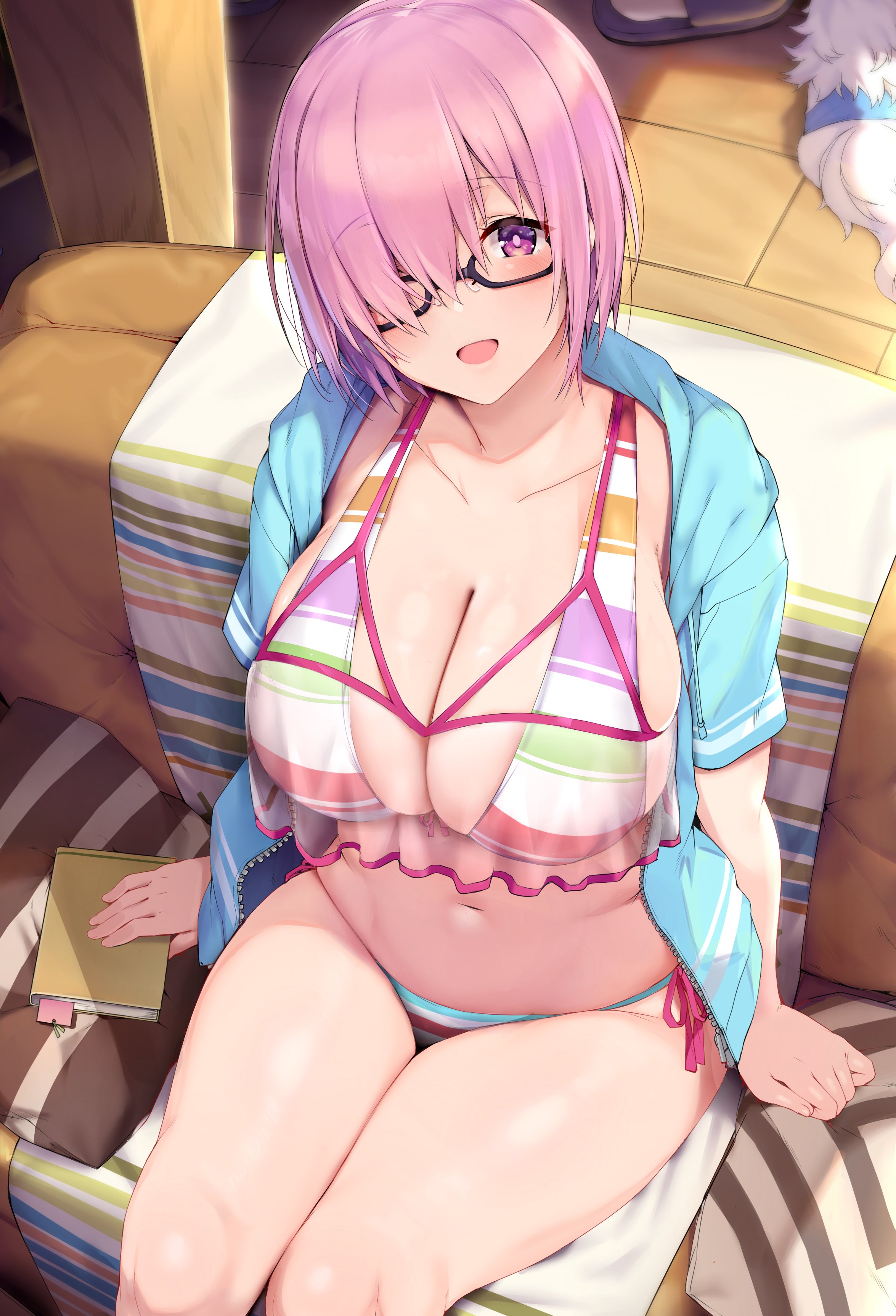 Anime 2350x3450 Fate series Fate/Grand Order big boobs short hair blue jacket women with glasses 2D wide breasts short sleeves meganekko books striped bikini cleavage wide hips thighs thick thigh pink hair high angle belly button open mouth hair over one eye looking at viewer purple eyes Mash Kyrielight blushing anime portrait display blue gk fan art ecchi curvy bikini anime girls