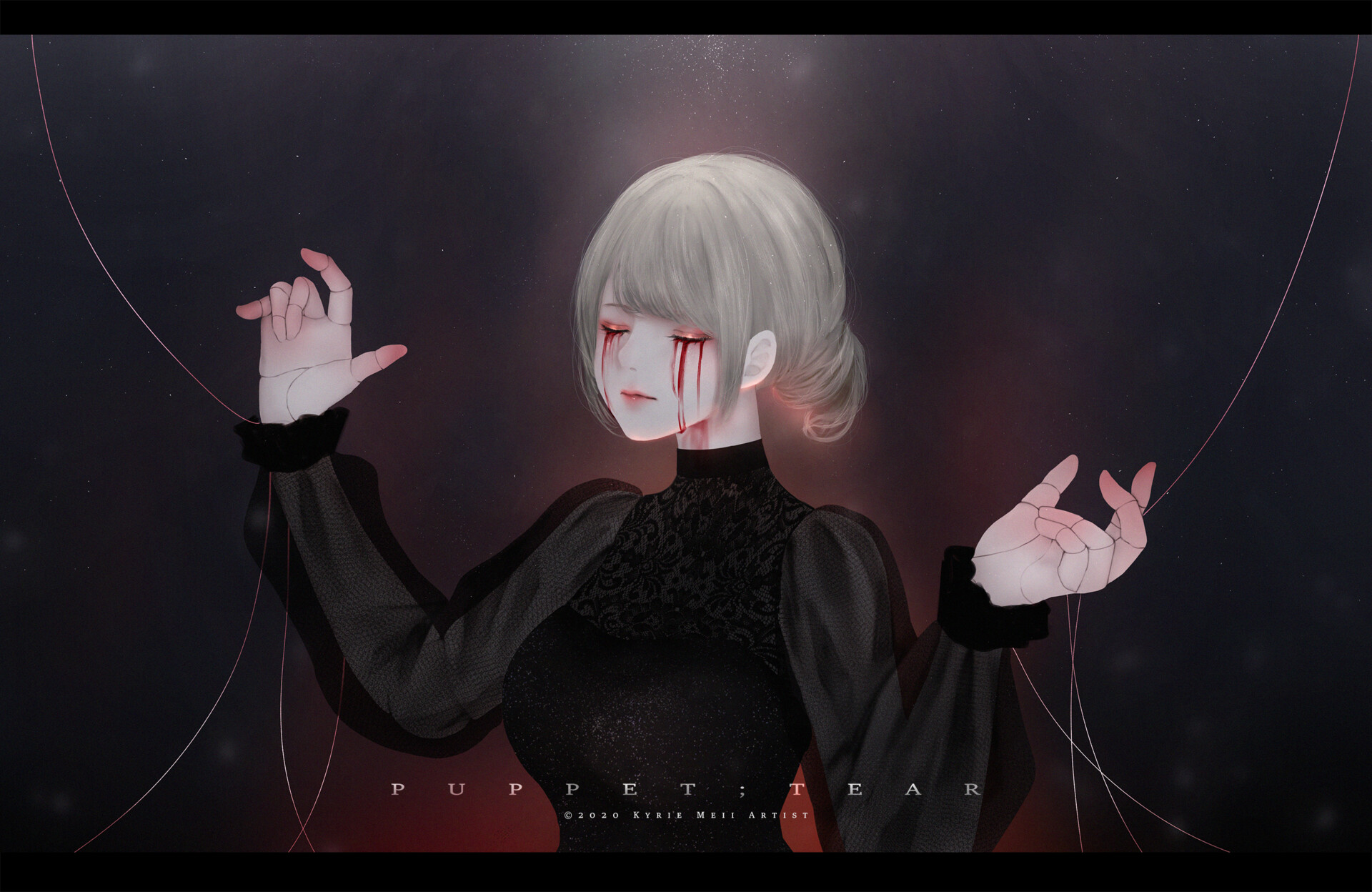 Anime 1920x1248 anime anime girls Kyrie Meii puppets blood tears crying black clothing silver hair simple background