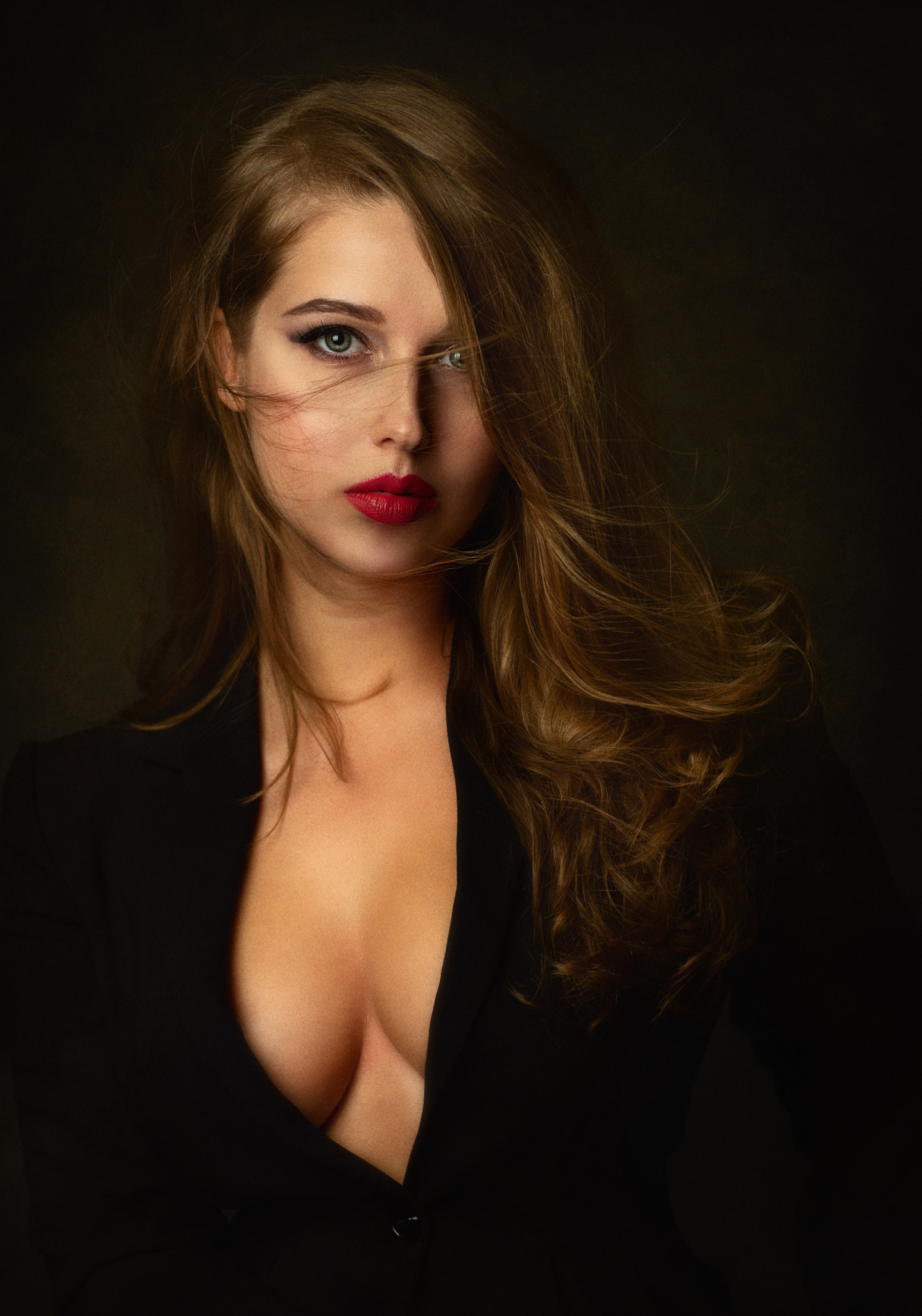 People 1436x2048 Zachar Rise women brunette long hair red lipstick simple background cleavage black clothing makeup eyeliner hair in face no bra