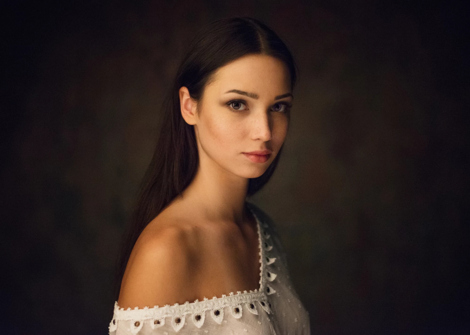 People 2000x1427 brunette model women Maxim Maximov Mariya Volokh portrait simple background sheer top one bare shoulder