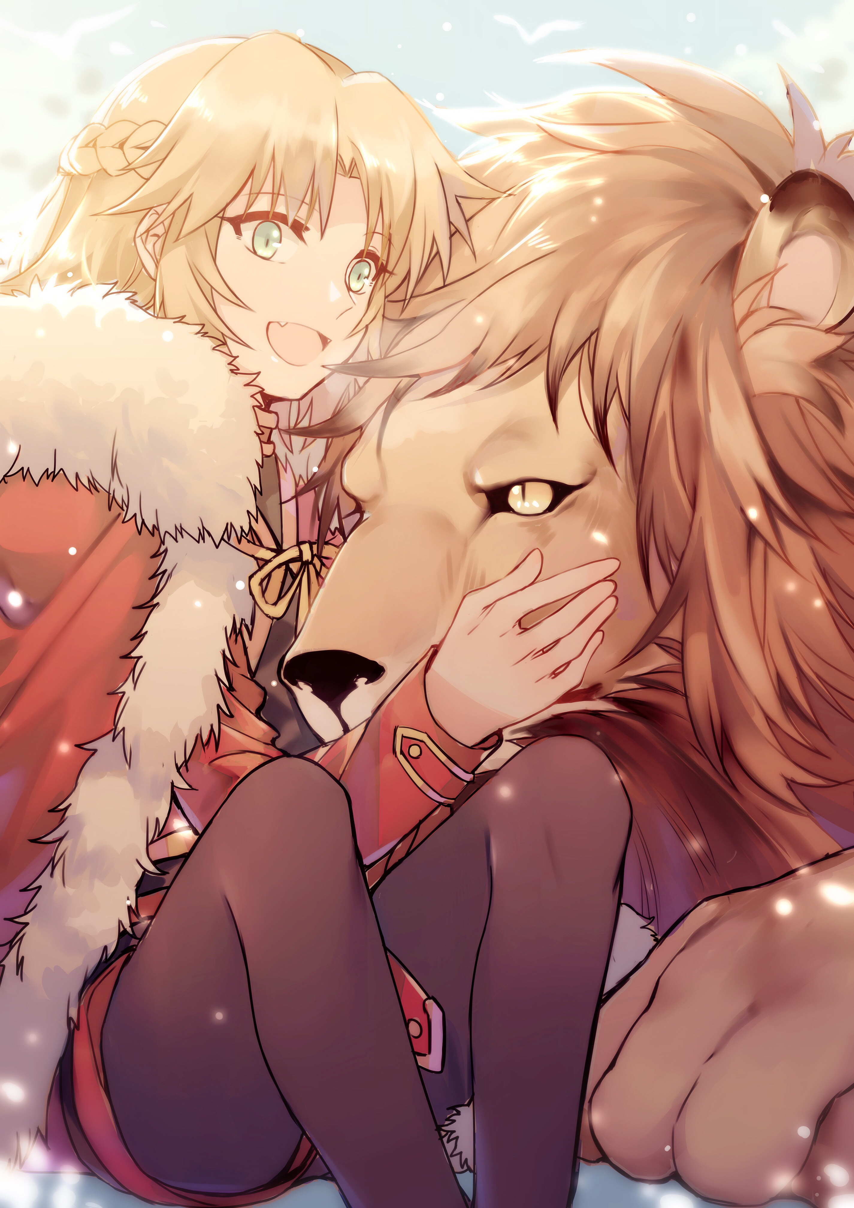 Anime 2851x4032 Fate series Fate/Apocrypha  anime girls lion green eyes Mordred (Fate/Apocrypha) smiling fan art digital art simple background blonde