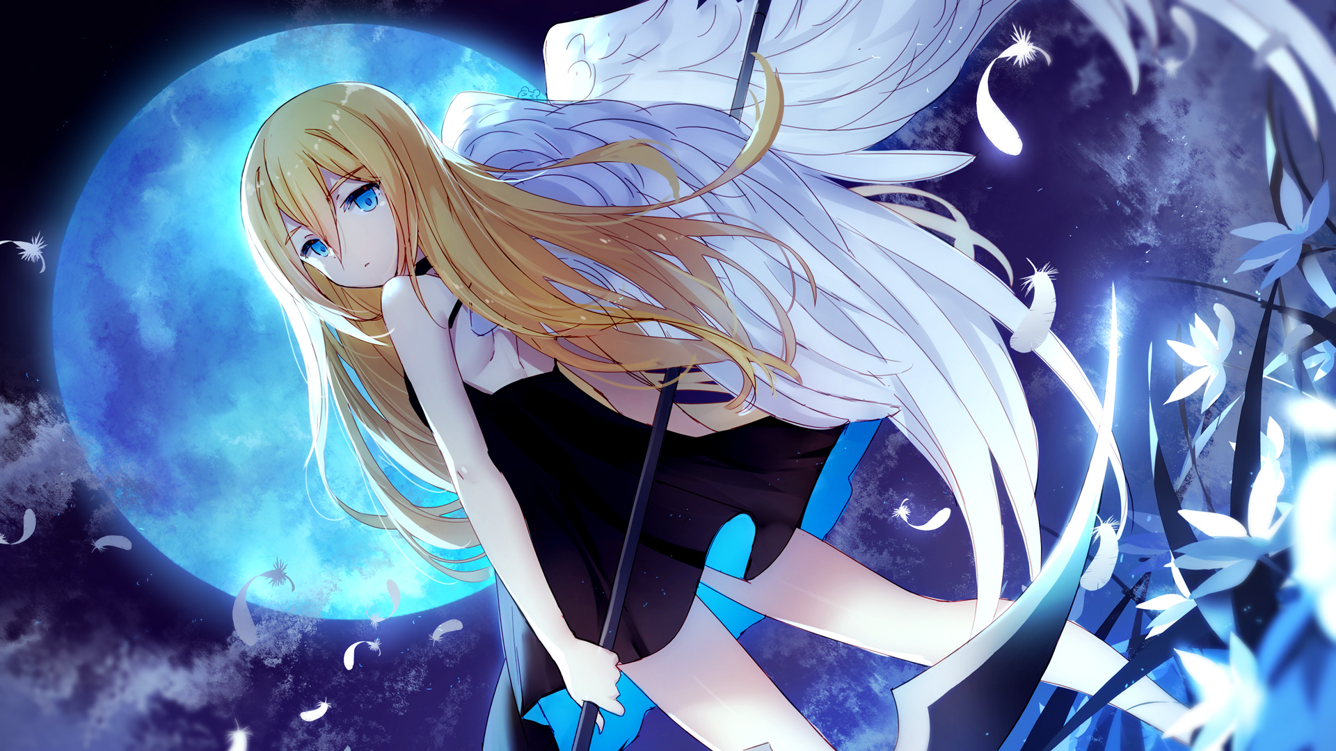 Anime 1920x1080 anime anime girls angel of death wings blonde blue eyes Moon flowers scythe Satsuriku no Tenshi