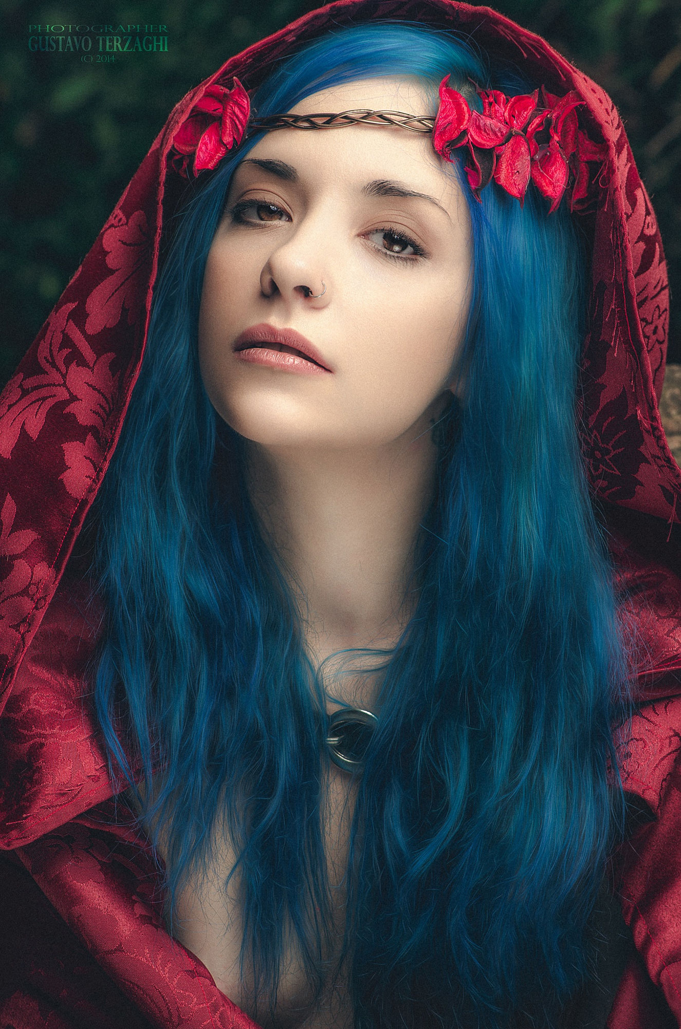 People 1325x2000 Gustavo Terzaghi Saria Suicide women blue hair long hair straight hair hairband red cape portrait pierced nose necklace flowers hoods model naked cape portrait display closeup watermarked