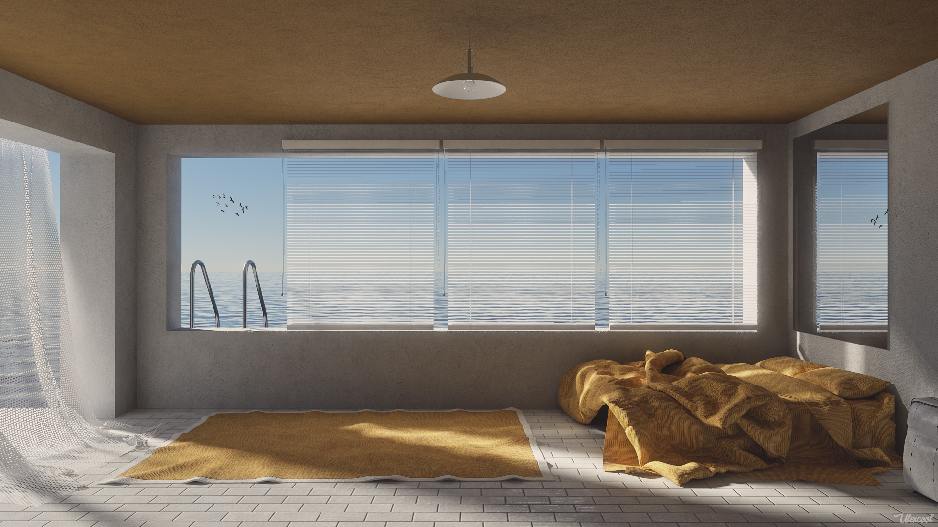 General 1920x1080 room bed window sunlight carpet white brown tiles seagulls CGI digital art water shadow