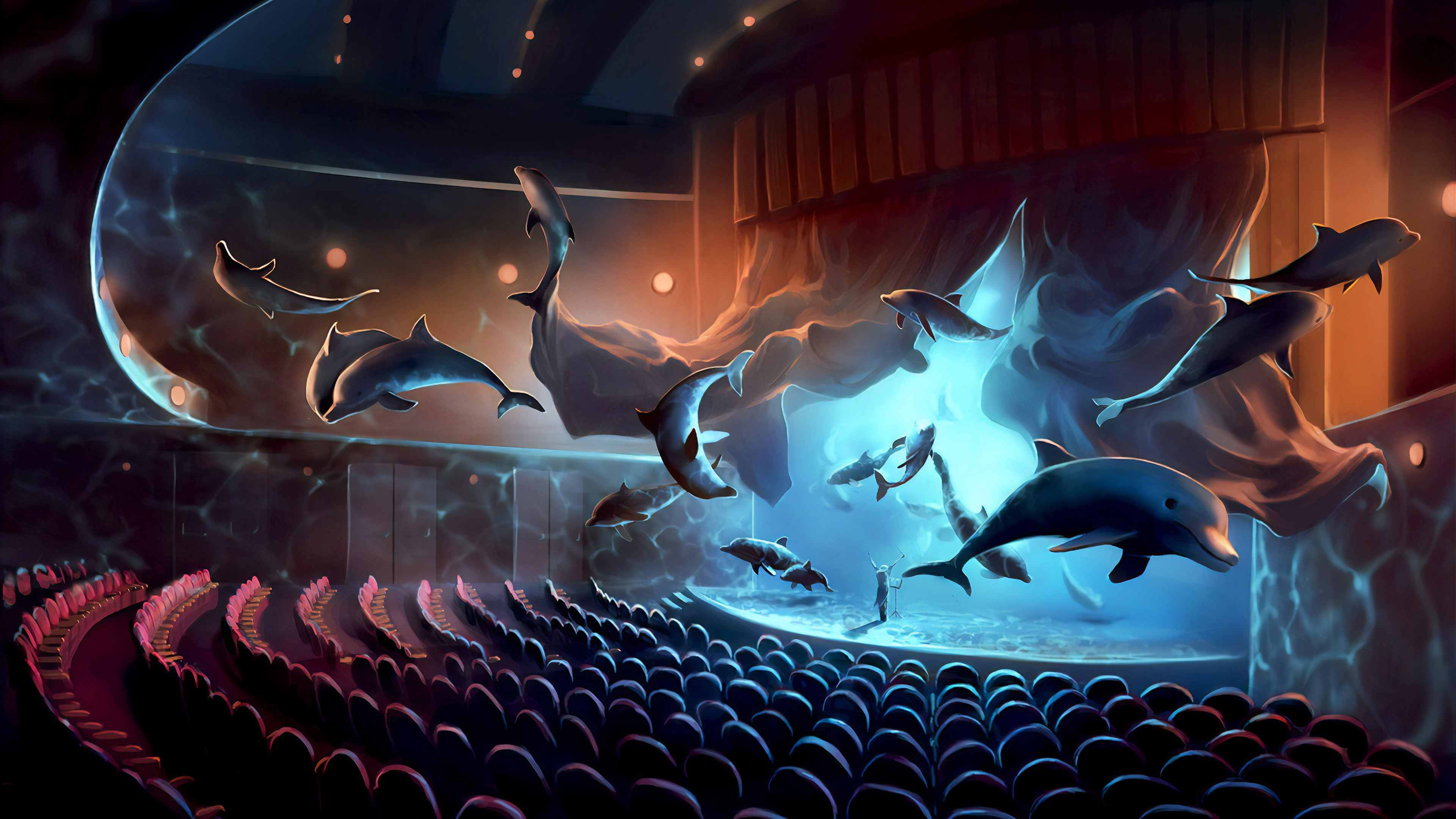 General 3840x2160 digital art artwork fantasy art drawing painting digital painting landscape theaters lights animals dolphin colorful stages stage light surreal chair red chair floating concept art environment water atmosphere cyan AquaSixio