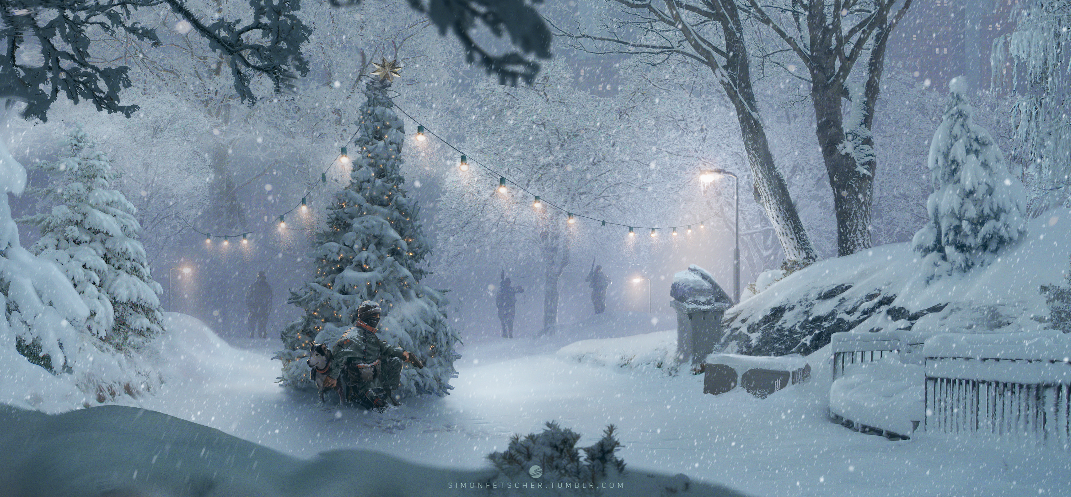 General 3486x1619 snow winter artwork dog soldier military gun lights night dark snowing trees trash Christmas lights Christmas tree