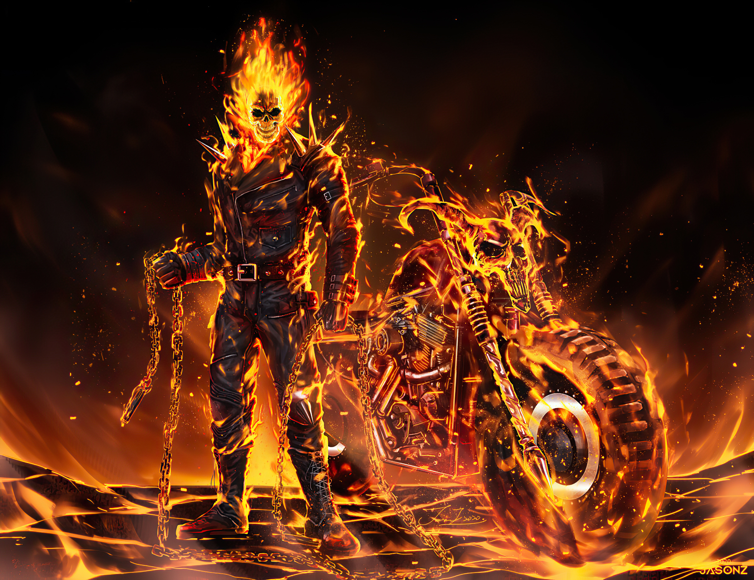 General 2400x1846 fan art digital art artwork digital painting Ghost Rider fire Harley-Davidson skull face black jackets