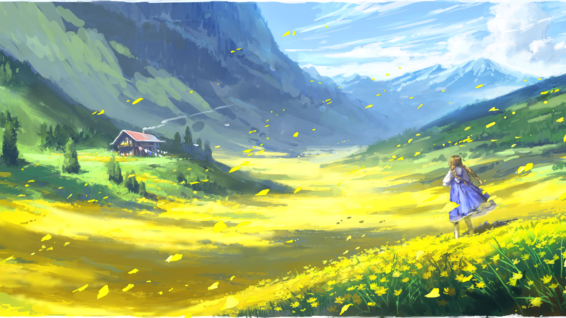 Anime 1920x1080 mountains trees clouds flowers sky twintails