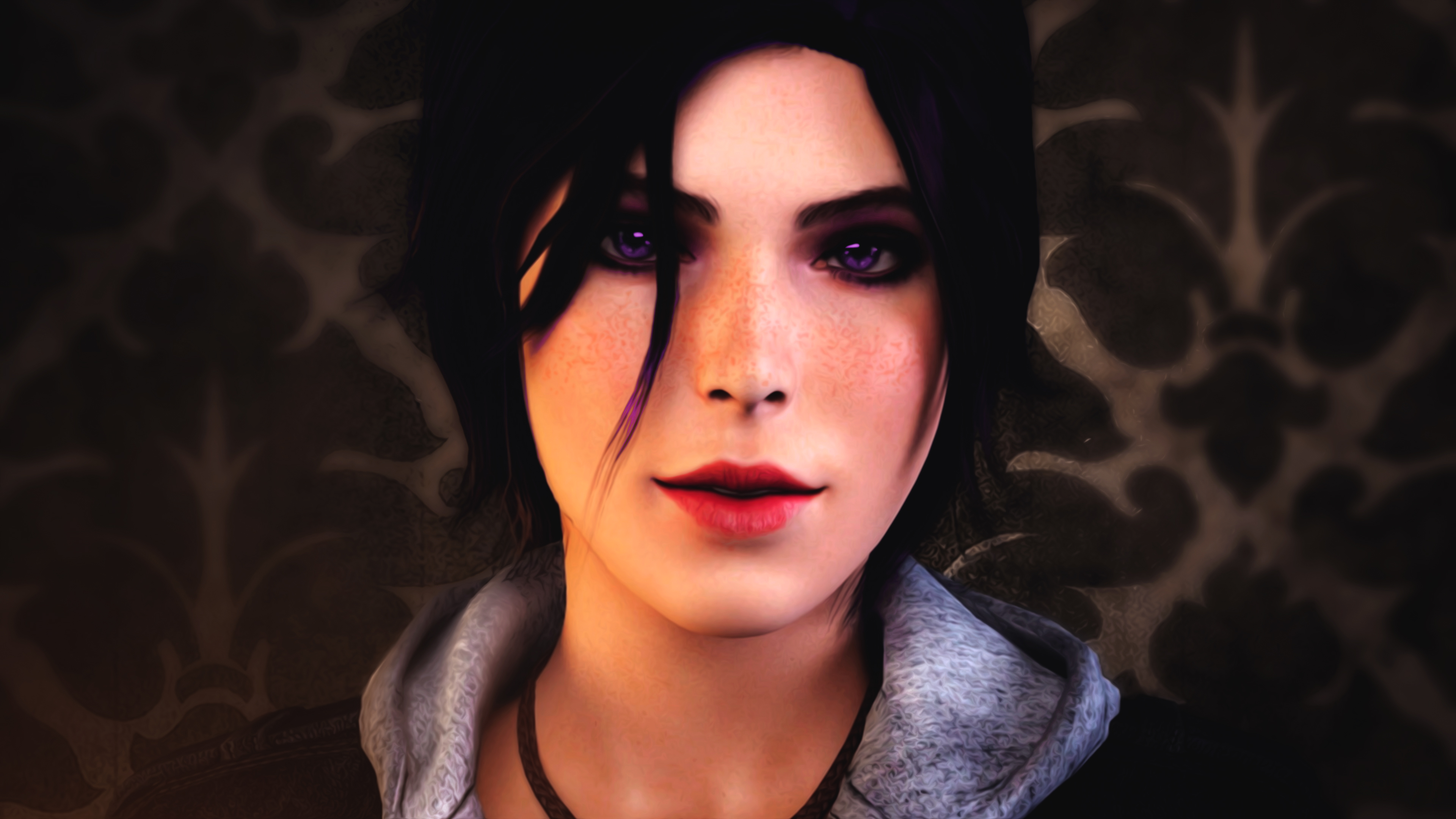 General 3840x2160 dark low light purple eyes Lara Croft (Tomb Raider) video games PC gaming red lipstick video game girls video game characters Tomb Raider women digital art closeup