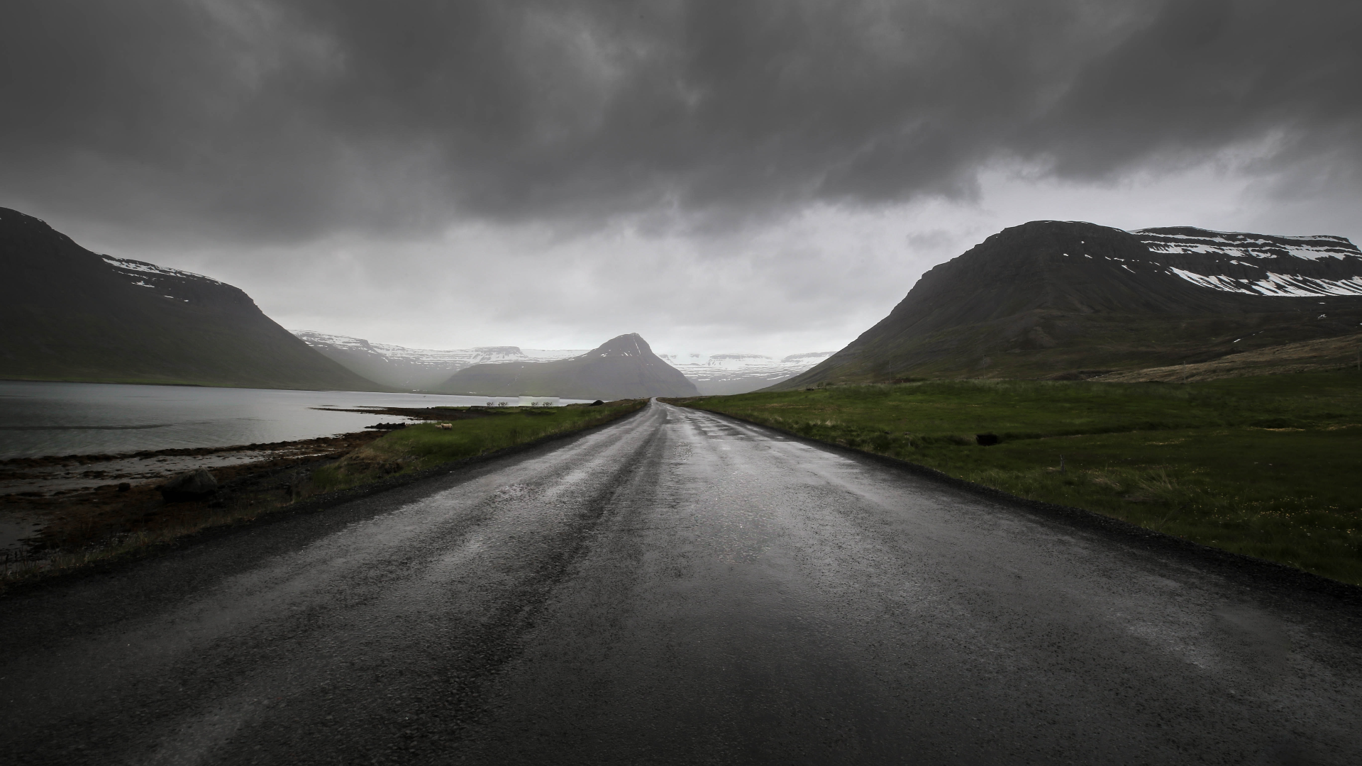 General 1920x1080 nature landscape mountains river road grass clouds snow Monsoon fjord Iceland dirt road overcast gloomy