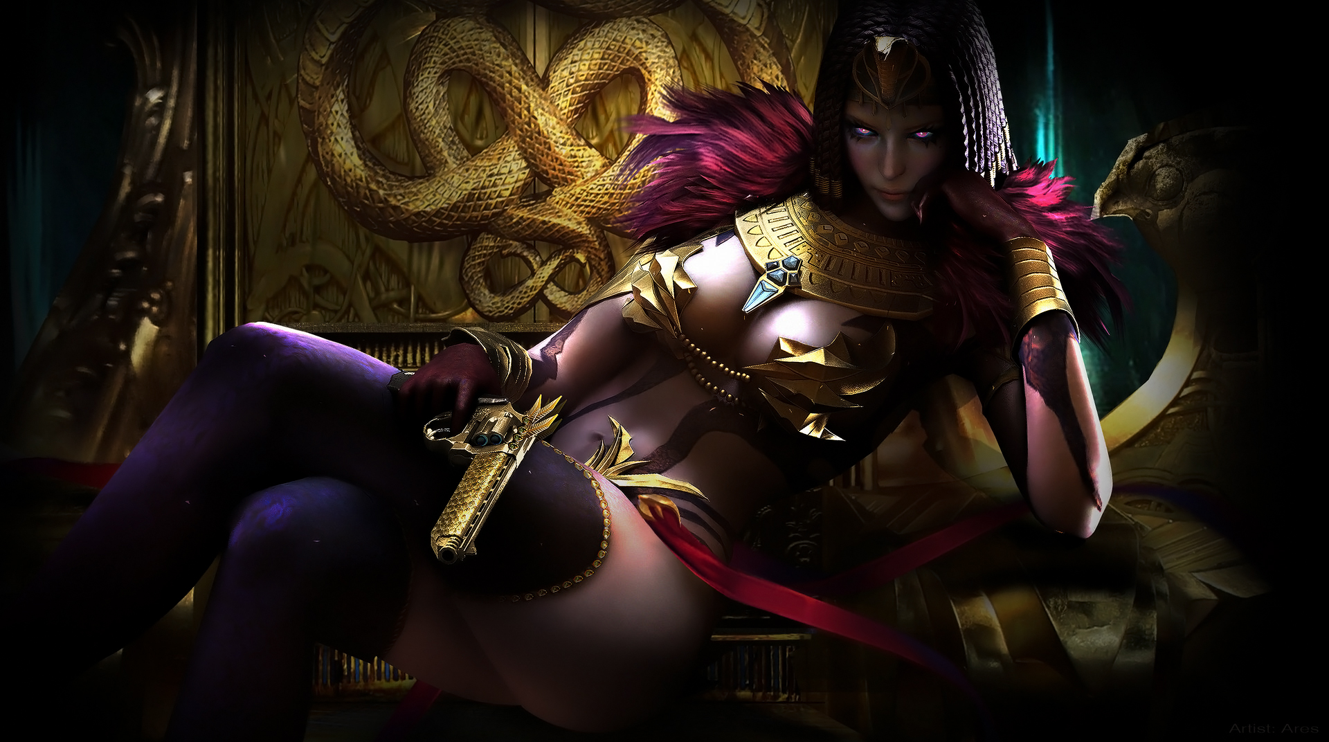 General 1920x1072 drawing women short hair gold skimpy clothes thigh-highs chains tattoo shadow Egyptian glowing eyes Cleopatra Ares (artist)