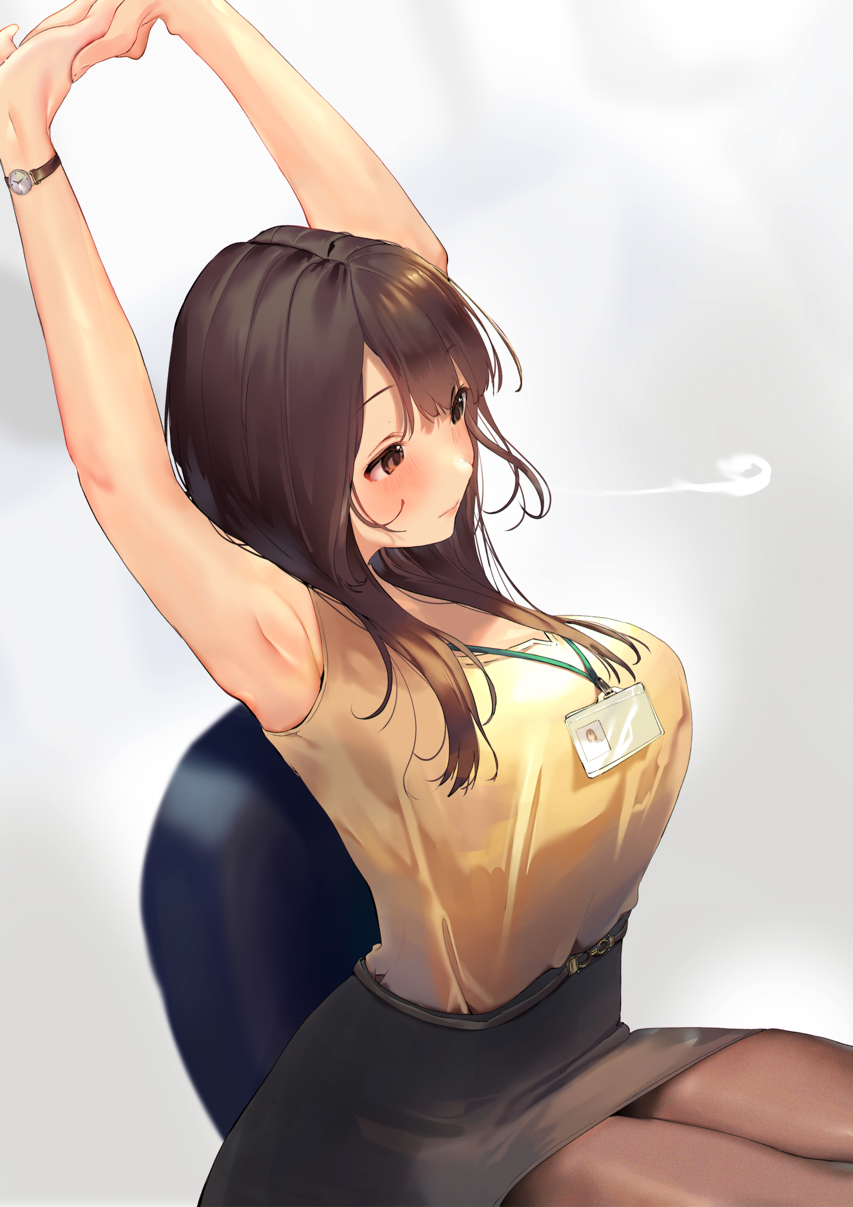 Anime 2894x4093 anime anime girls original characters office girl arms up stretching watch brunette profile blushing brown eyes miniskirt pantyhose simple background portrait display artwork 2D illustration drawing digital art Pixiv armpits