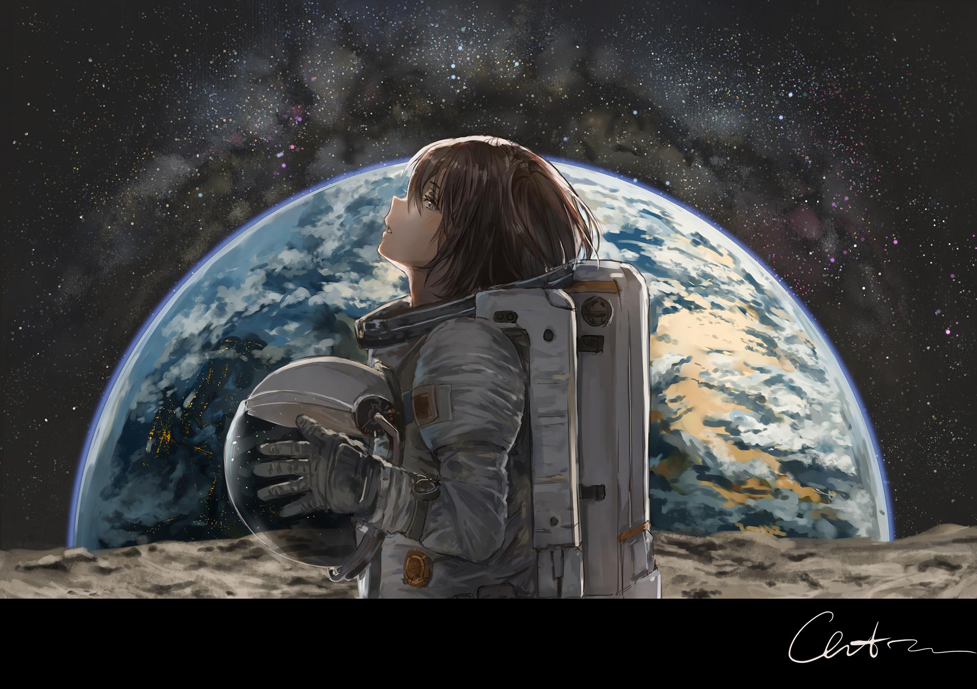Anime 2000x1412 artwork science fiction astronaut planet Earth anime girls catzz