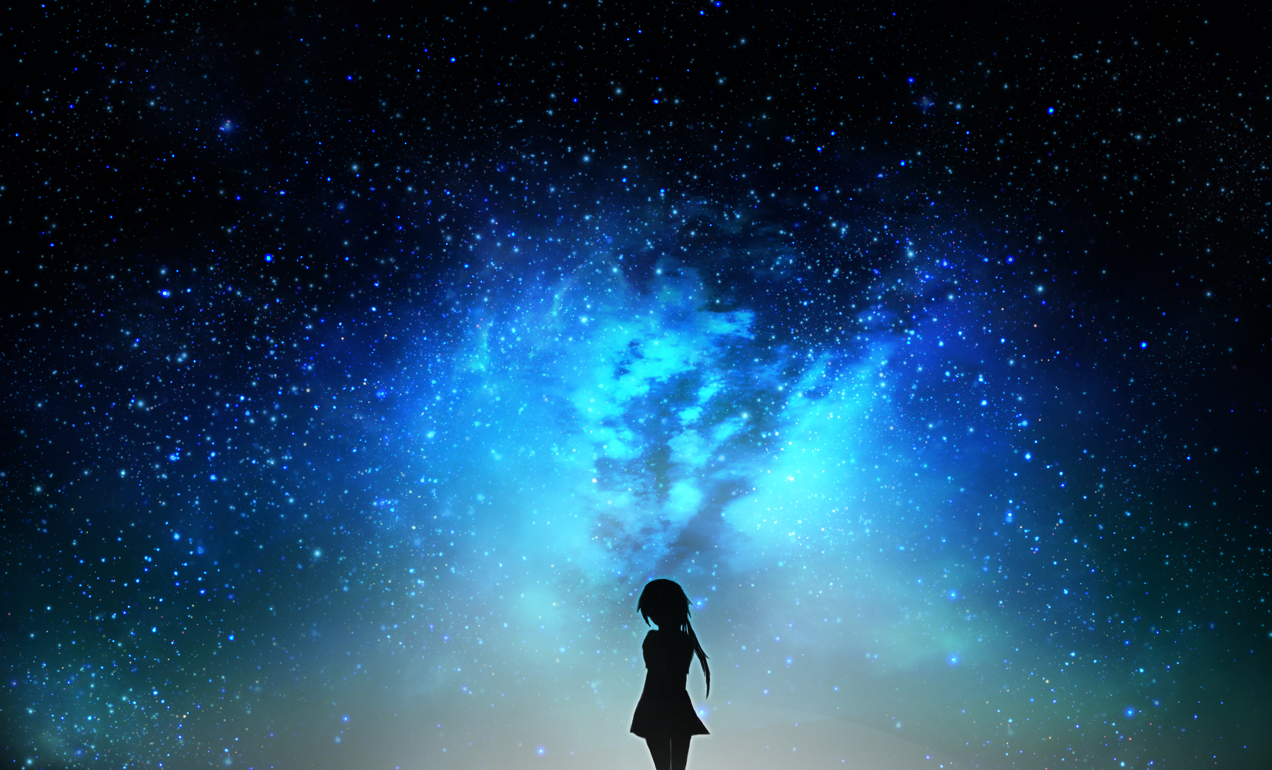 Anime 2560x1550 anime sky space stars night cyan skyscape landscape standing