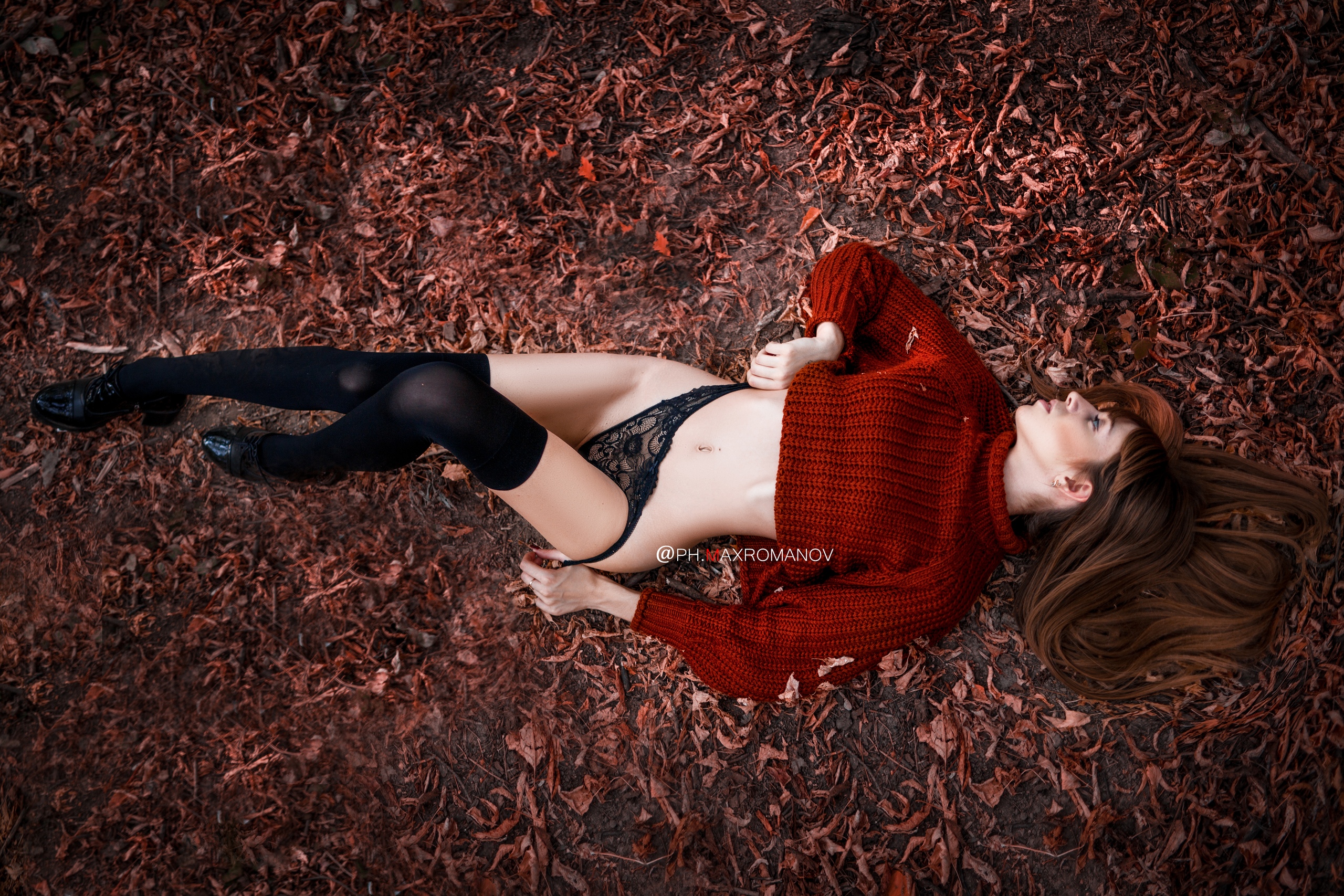 People 2560x1707 women model brunette long hair profile sweater knit fabric belly lingerie black panties holding panties thigh-highs lying on back on the floor leaves top view outdoors women outdoors Maxim Romanov hair spread out red sweater autumn women