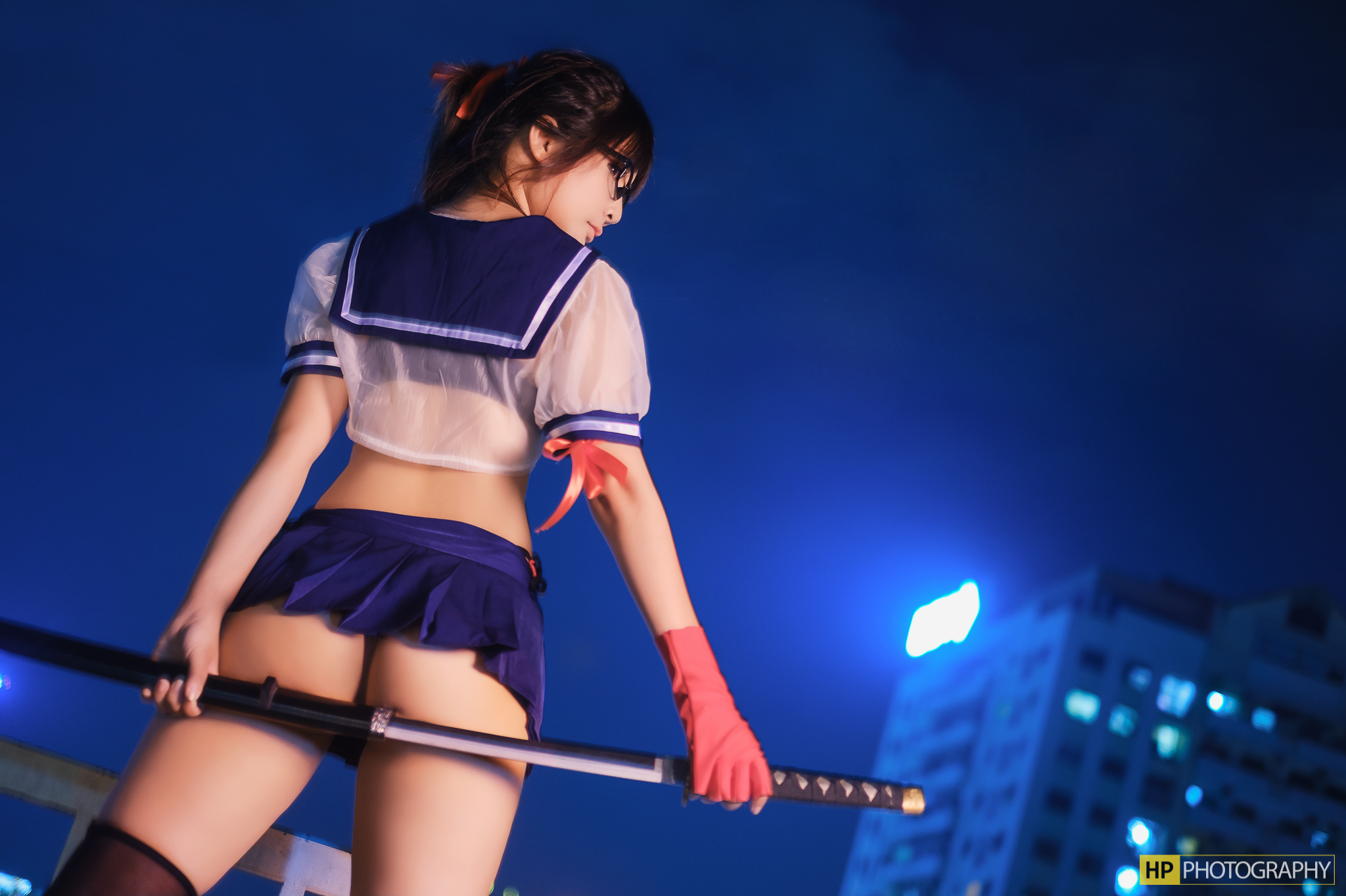 People 2048x1365 women cosplay Asian brunette ponytail profile looking away women with glasses back sailor uniform schoolgirl upskirt ass panties thigh-highs katana weapon sky building night outdoors women outdoors low-angle MiMi Chan