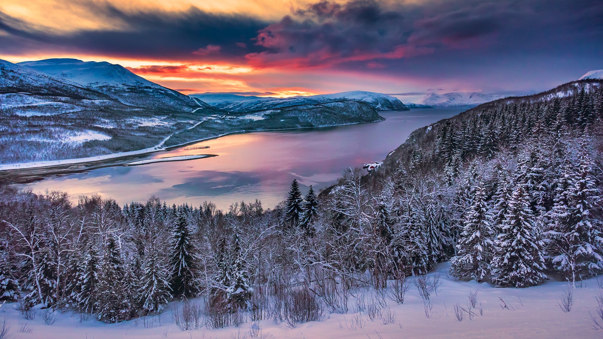 General 1920x1080 nature landscape snow dawn clouds sky trees forest water snowy mountain plants river Norway winter