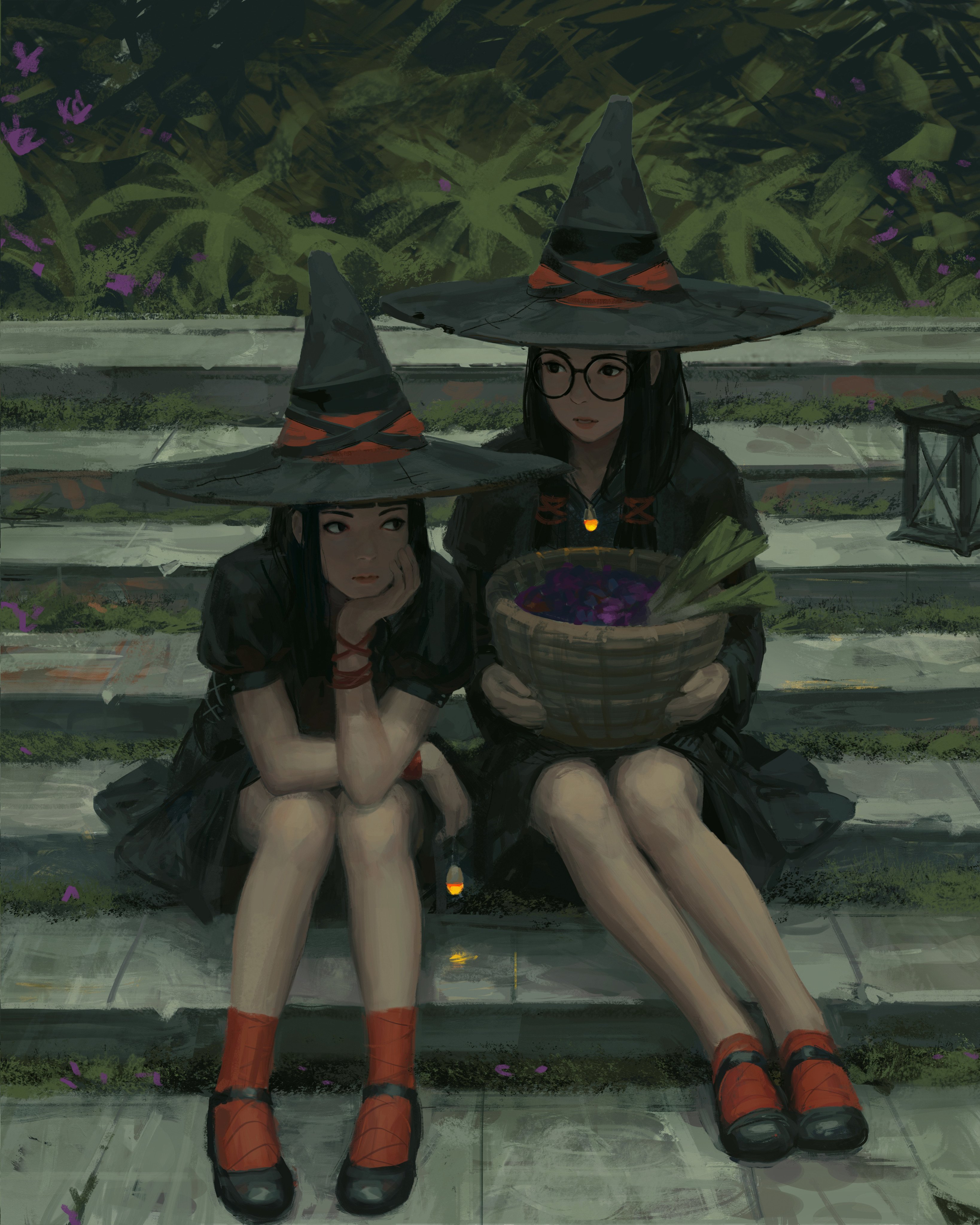 Anime 3276x4096 original characters anime girls 2D GUWEIZ witch hat women with glasses long hair Japanese clothes black hair vegetables nature witch black eyes portrait display red socks black dress anime two women
