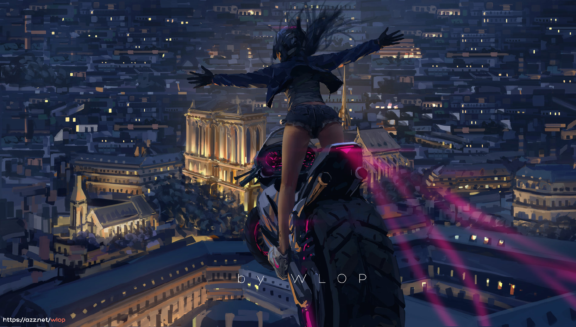 General 1900x1080 anime girls artwork WLOP flying cityscape motorcycle watermarked