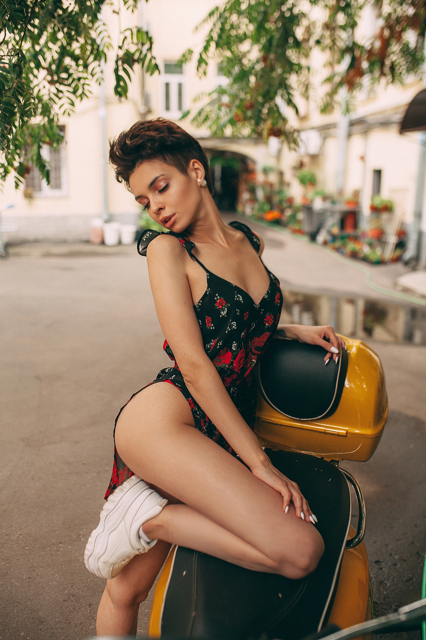 People 1440x2160 Roma Roma women Tania Frost brunette short hair makeup jewelry earring beads dress flower dress ass sneakers motorcycle outdoors women with motorcycles no bra