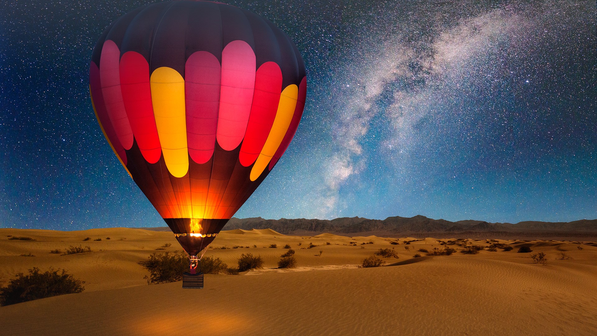 General 1920x1080 nature landscape hot air balloons sand plants stars night galaxy Milky Way dunes Death Valley California USA