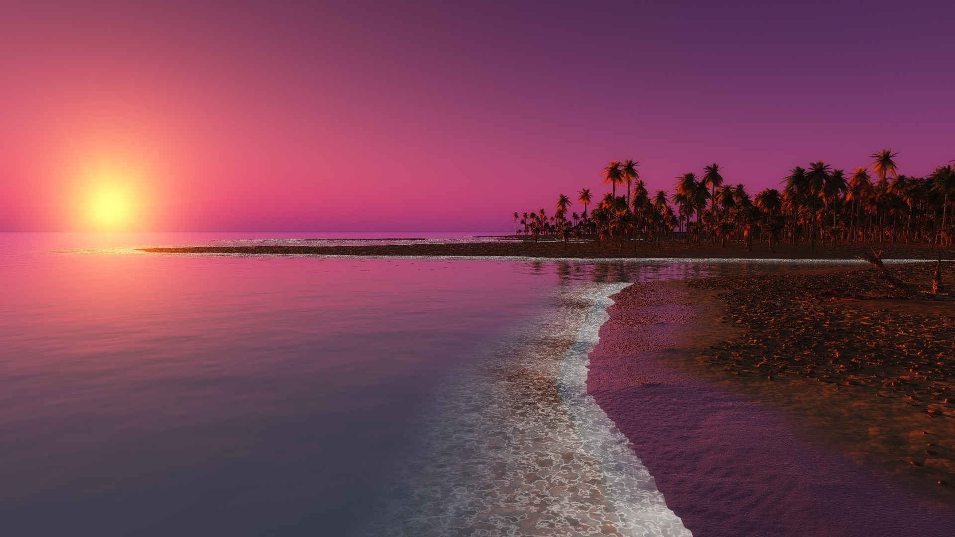 General 1920x1080 beach sea Sun palm trees sand water pink sunset nature landscape